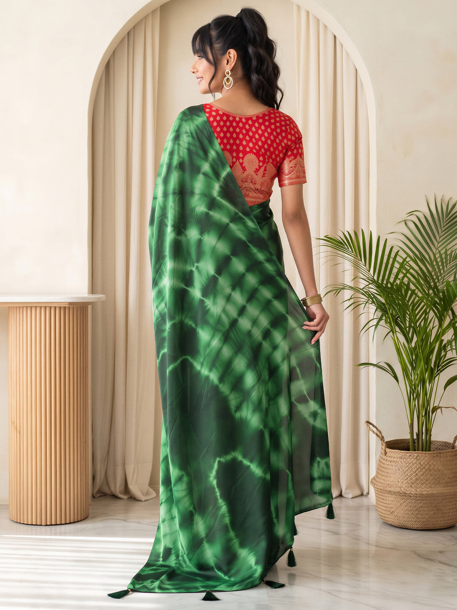 Green Satin Silk saree – detail view 1