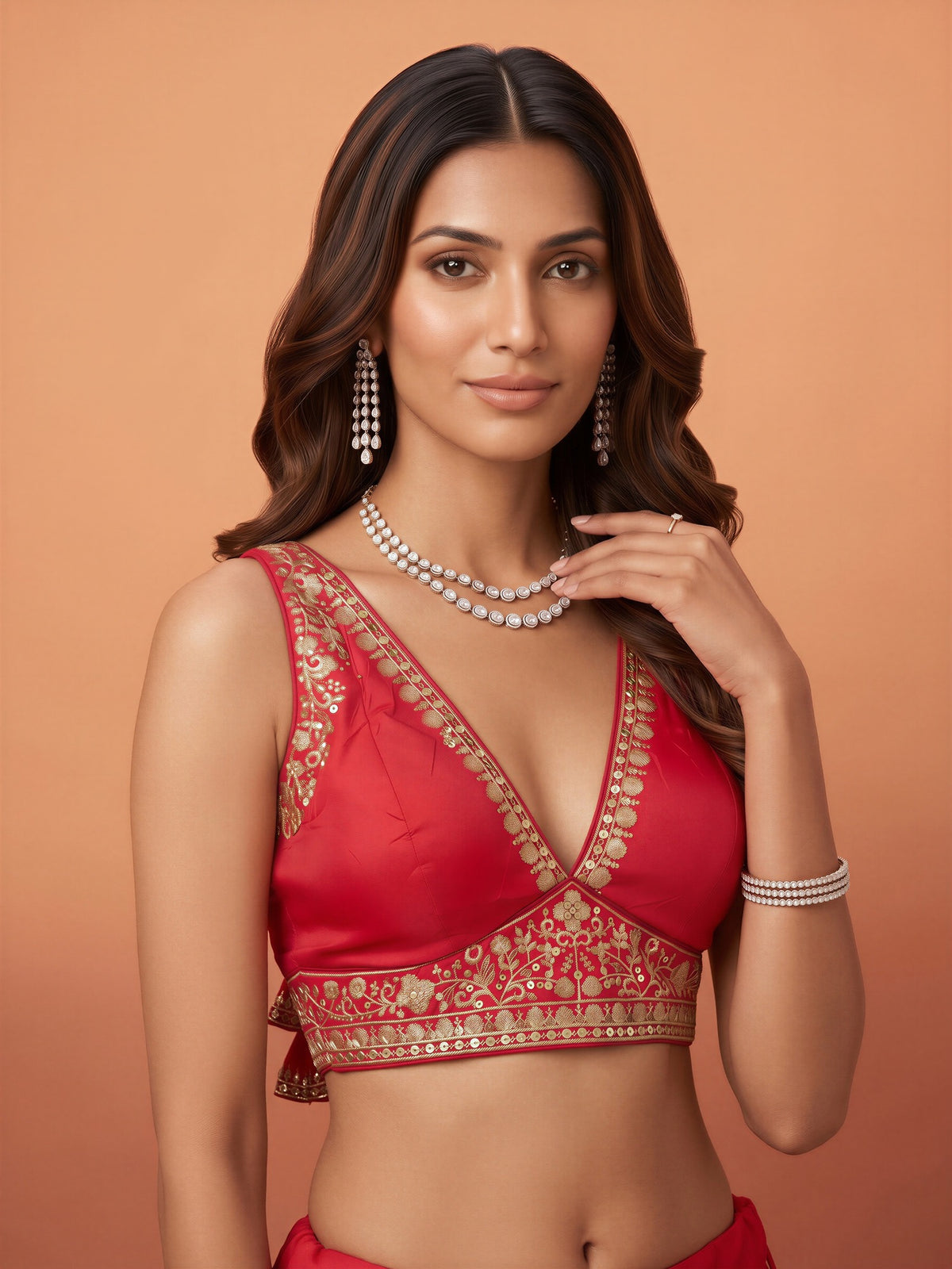 Pink sequin embellished silk blend sleeveless readymade saree blouse with deep v neck view 3
