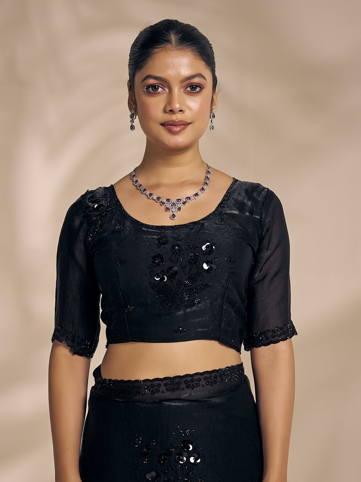 Black satin silk saree view 5
