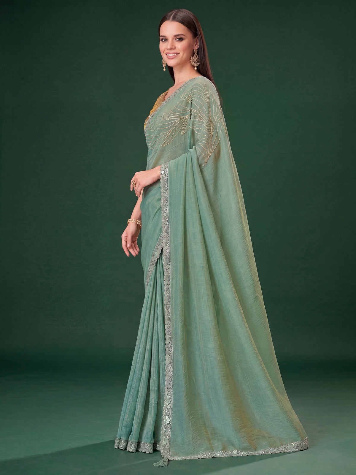 Sea Green Satin Silk saree – detail view 2
