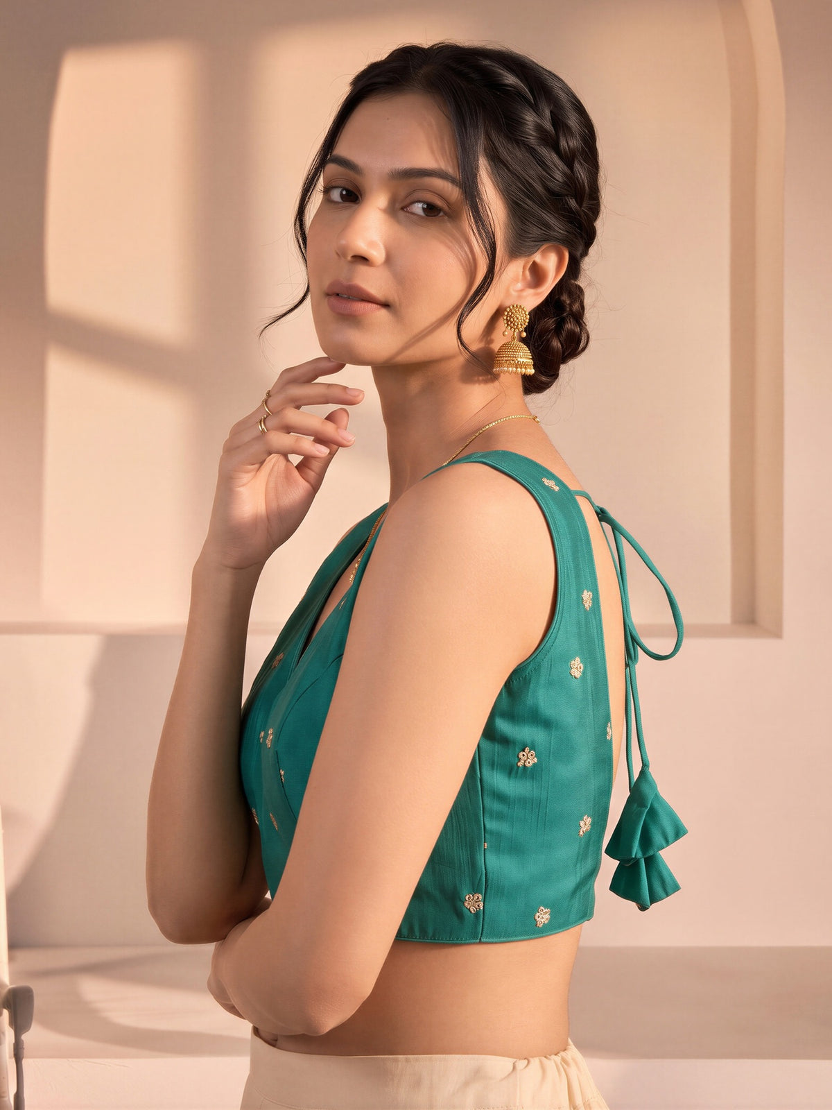 Teal Green sequin embellished vichitra silk sleeveless readymade saree blouse with v neck view 3
