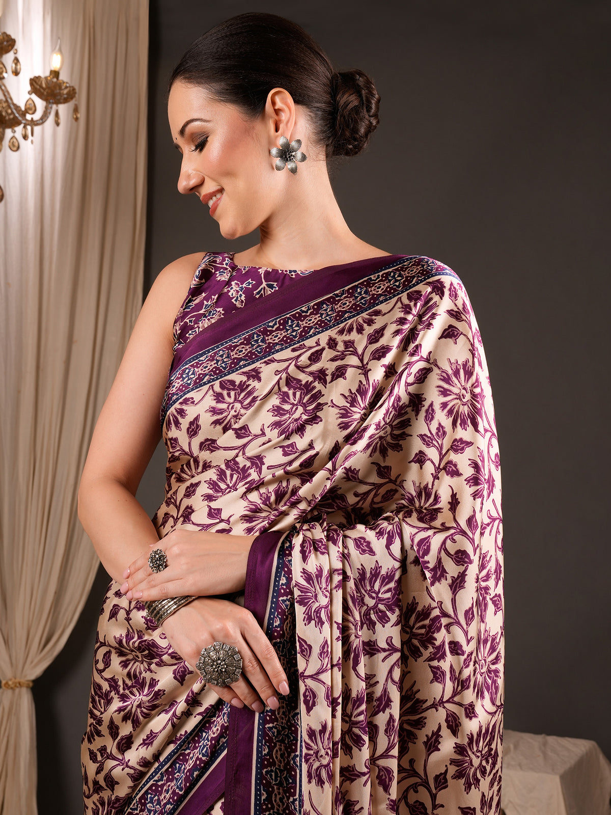 Cream Satin saree – detail view 3