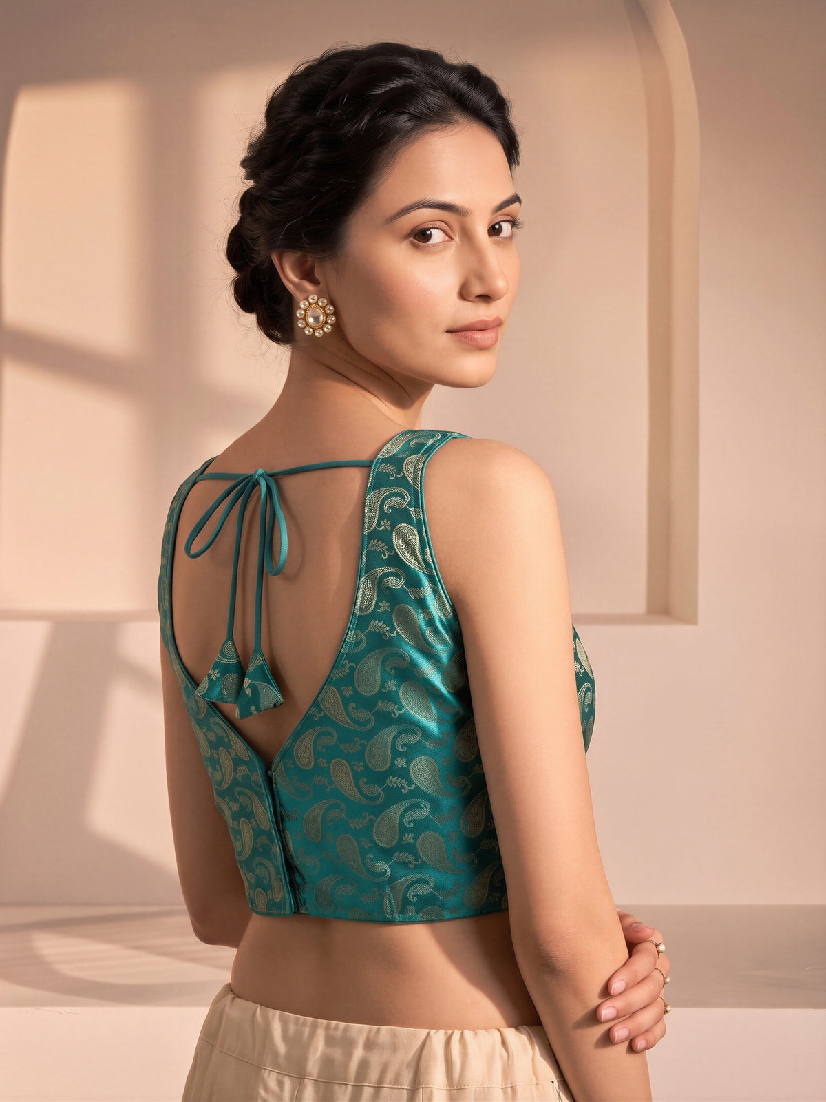 Turquoise Blue woven brocade silk blend sleeveless readymade saree blouse with v neck view 1