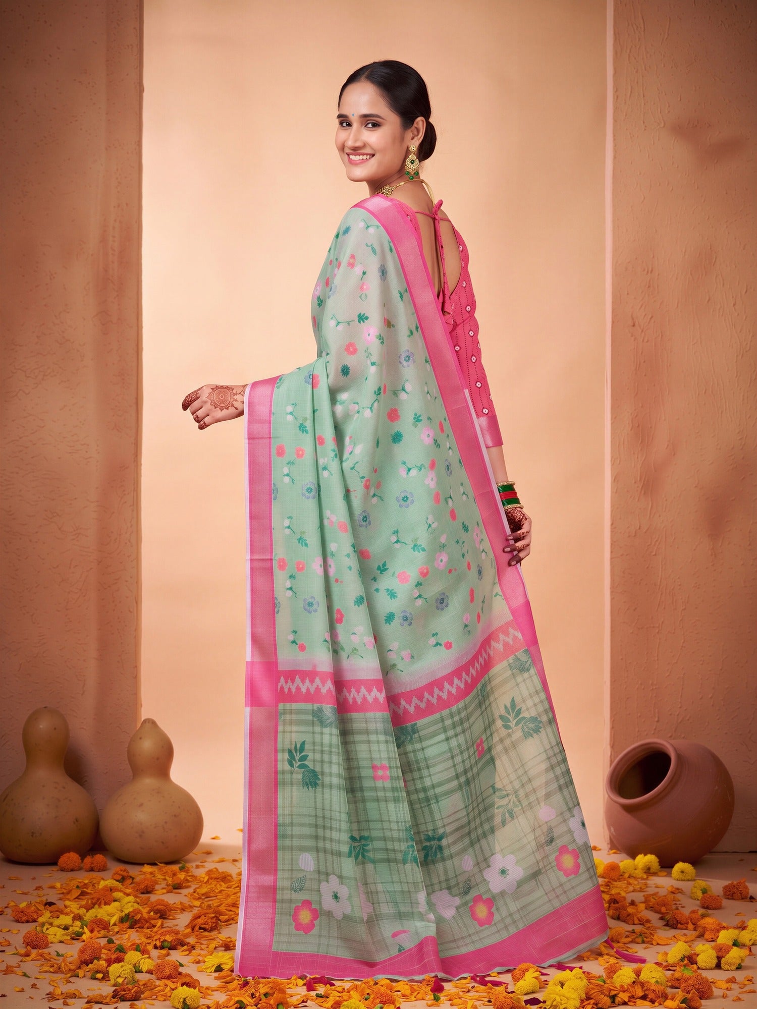 Sea Green Cotton Linen saree – detail view 1