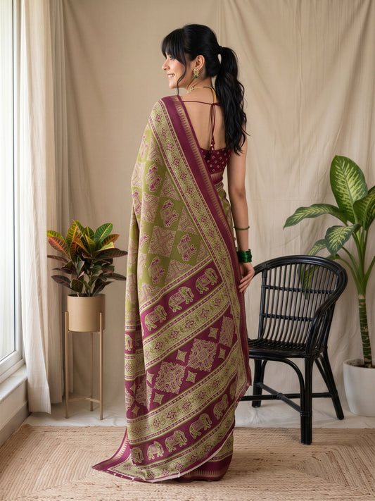 Olive Georgette saree – detail view 1