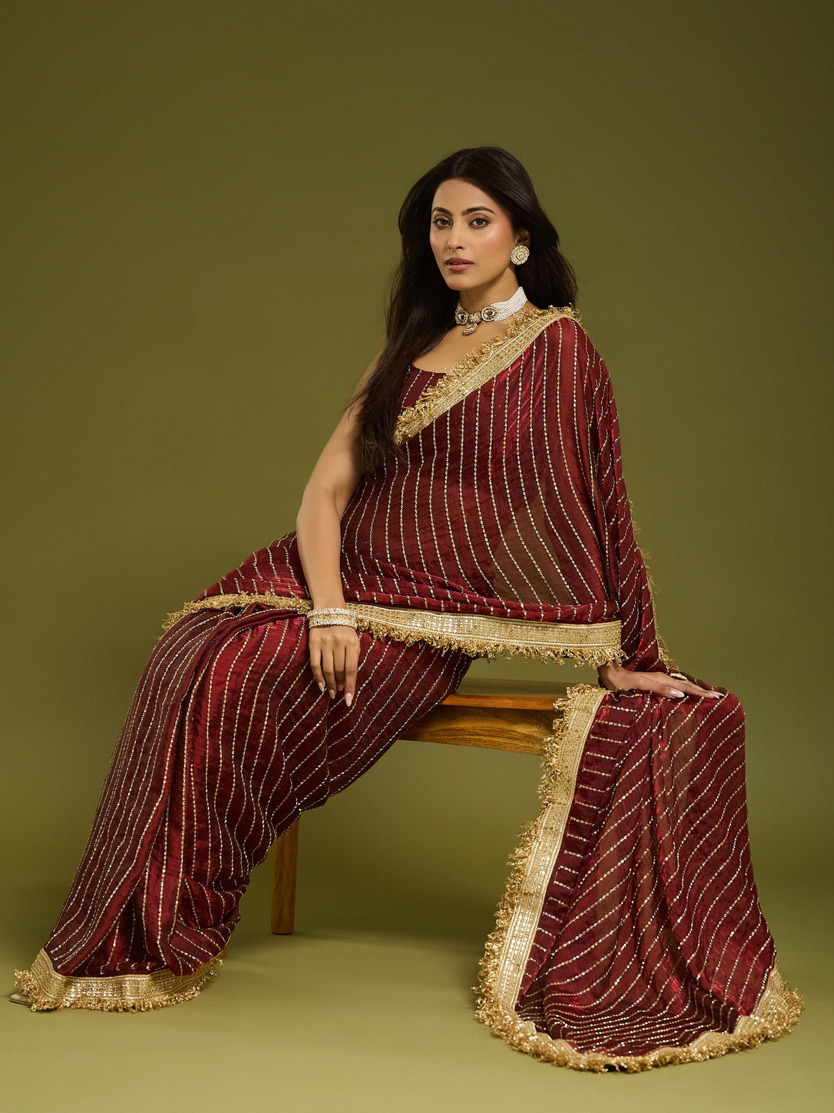 Maroon Satin saree – detail view 2