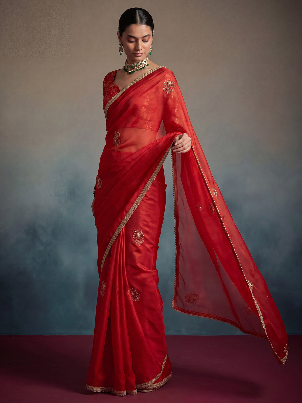 Red Pure Georgette saree – detail view 3