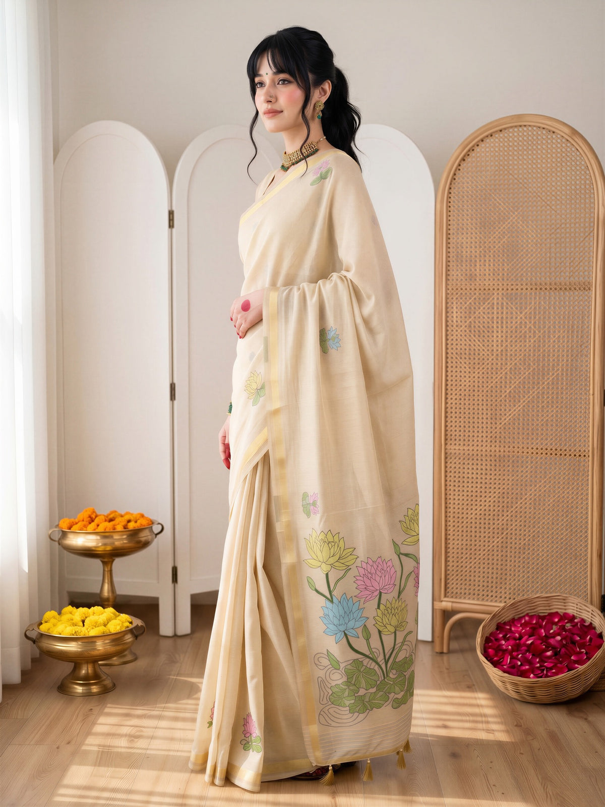 Woman wearing off white muga silk saree with all-over floral design and off white blouse