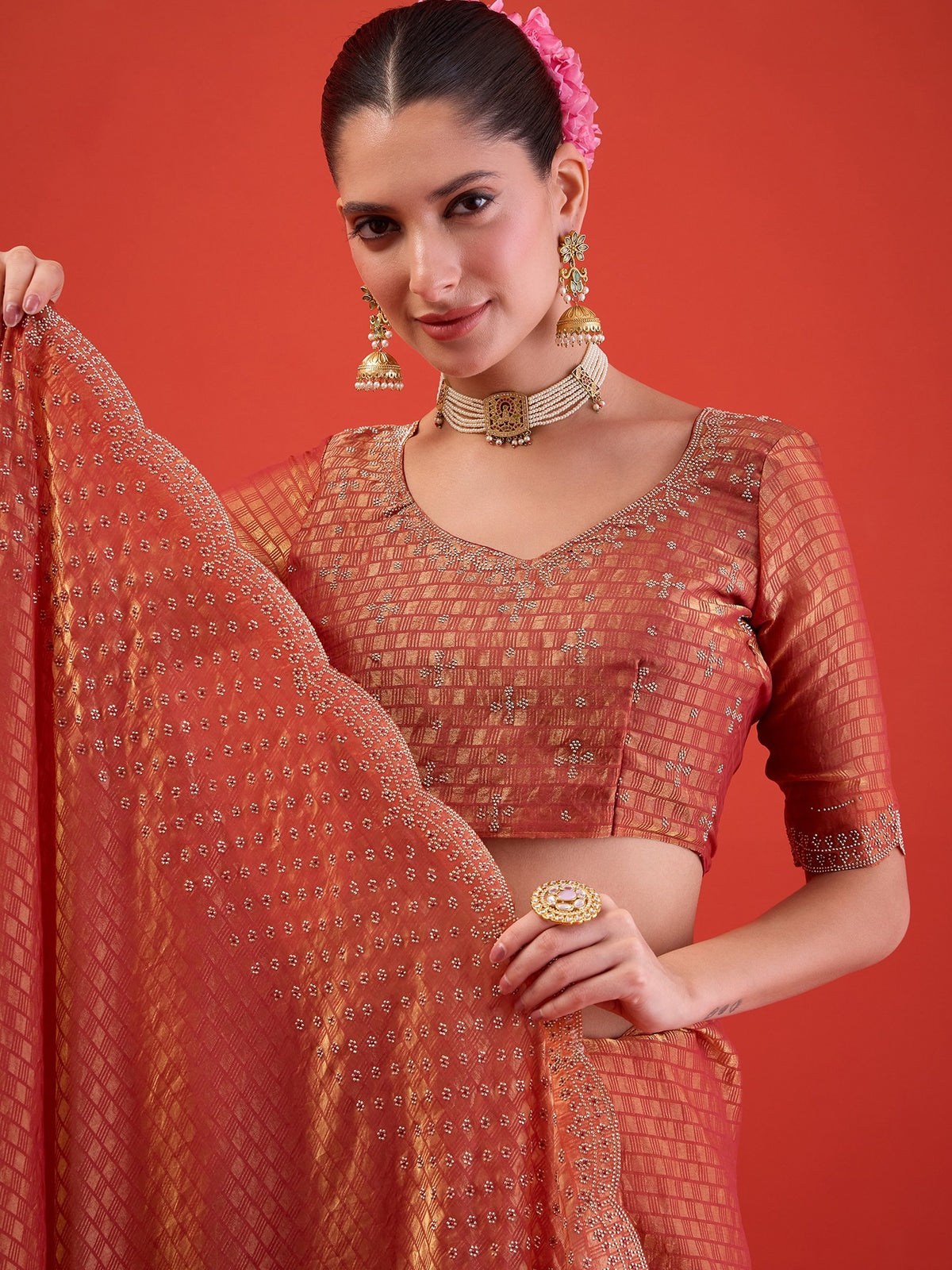 Peach Satin saree – detail view 5