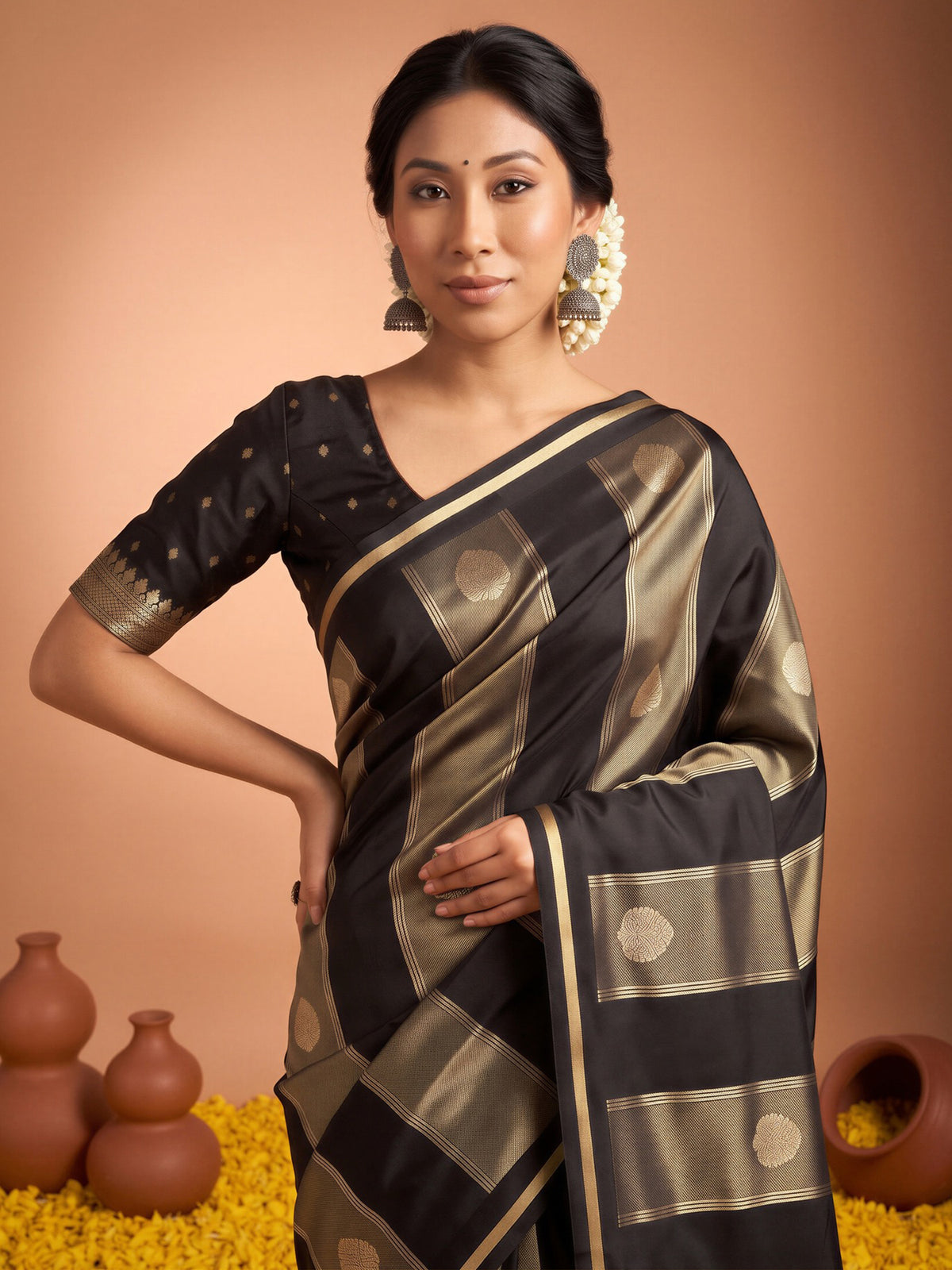Black Satin saree – detail view 4