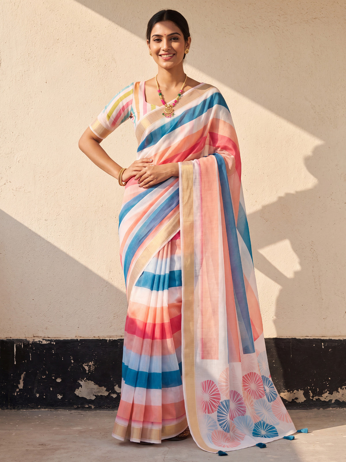 Woman wearing multicolored linen saree with striped pattern design and multicolored blouse