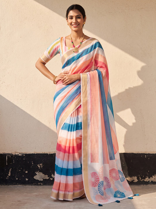 Woman wearing multicolored linen saree with striped pattern design and multicolored blouse