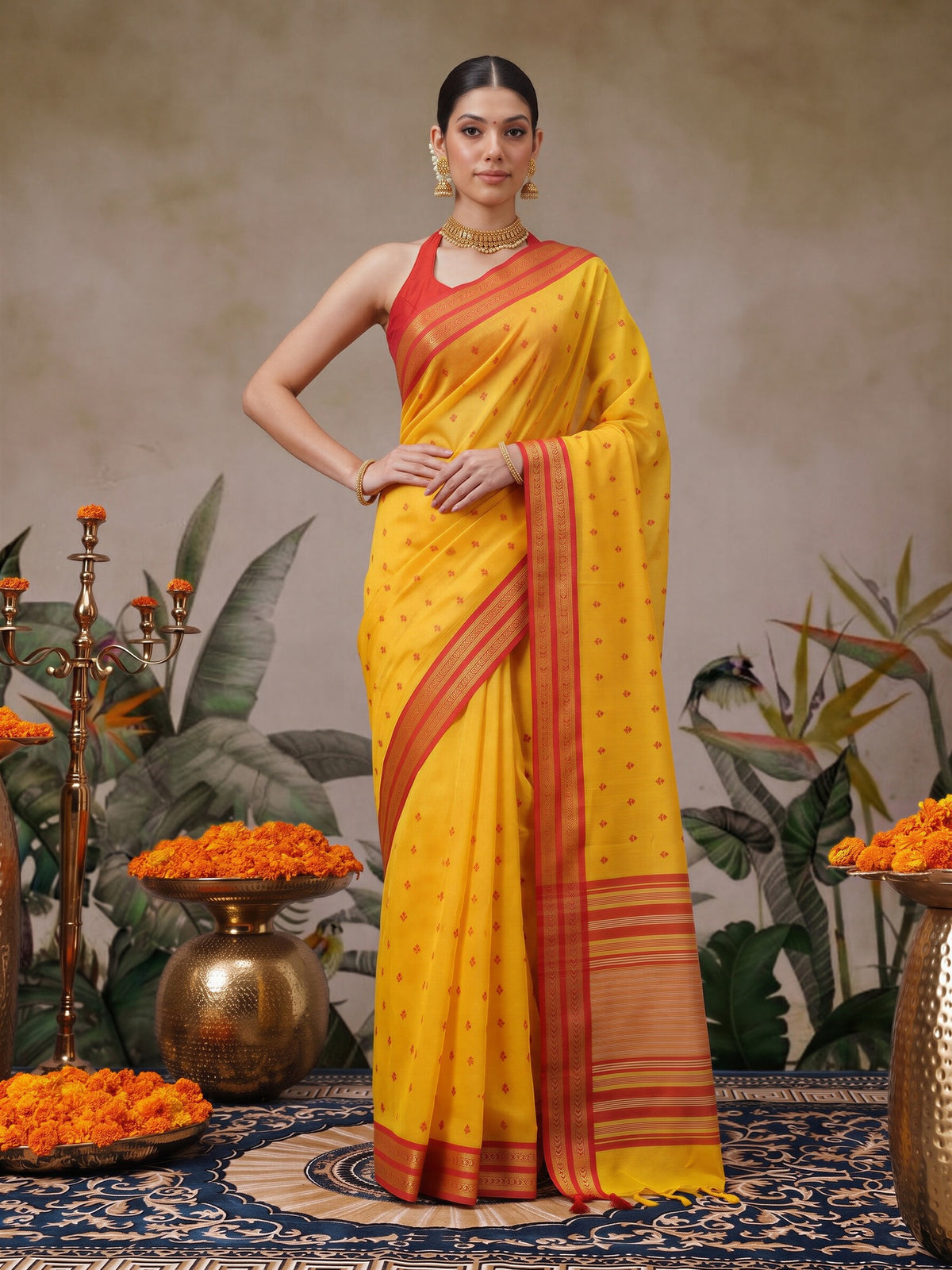 Mustard cotton blend saree view 4