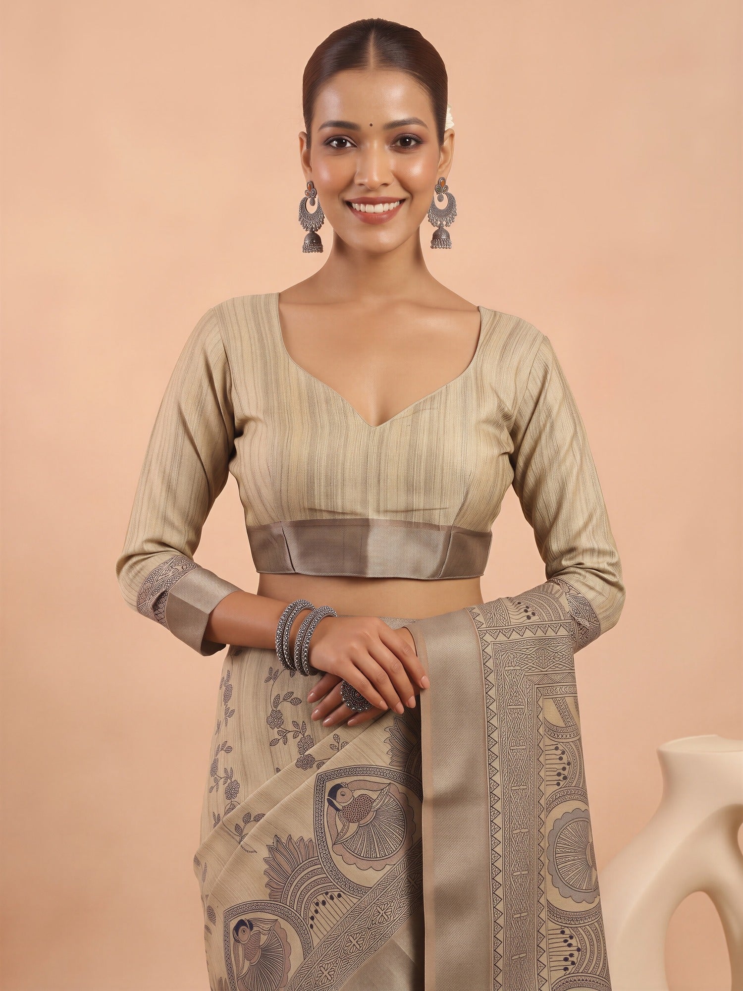 Unstitched cream satin silk blouse piece with solid design