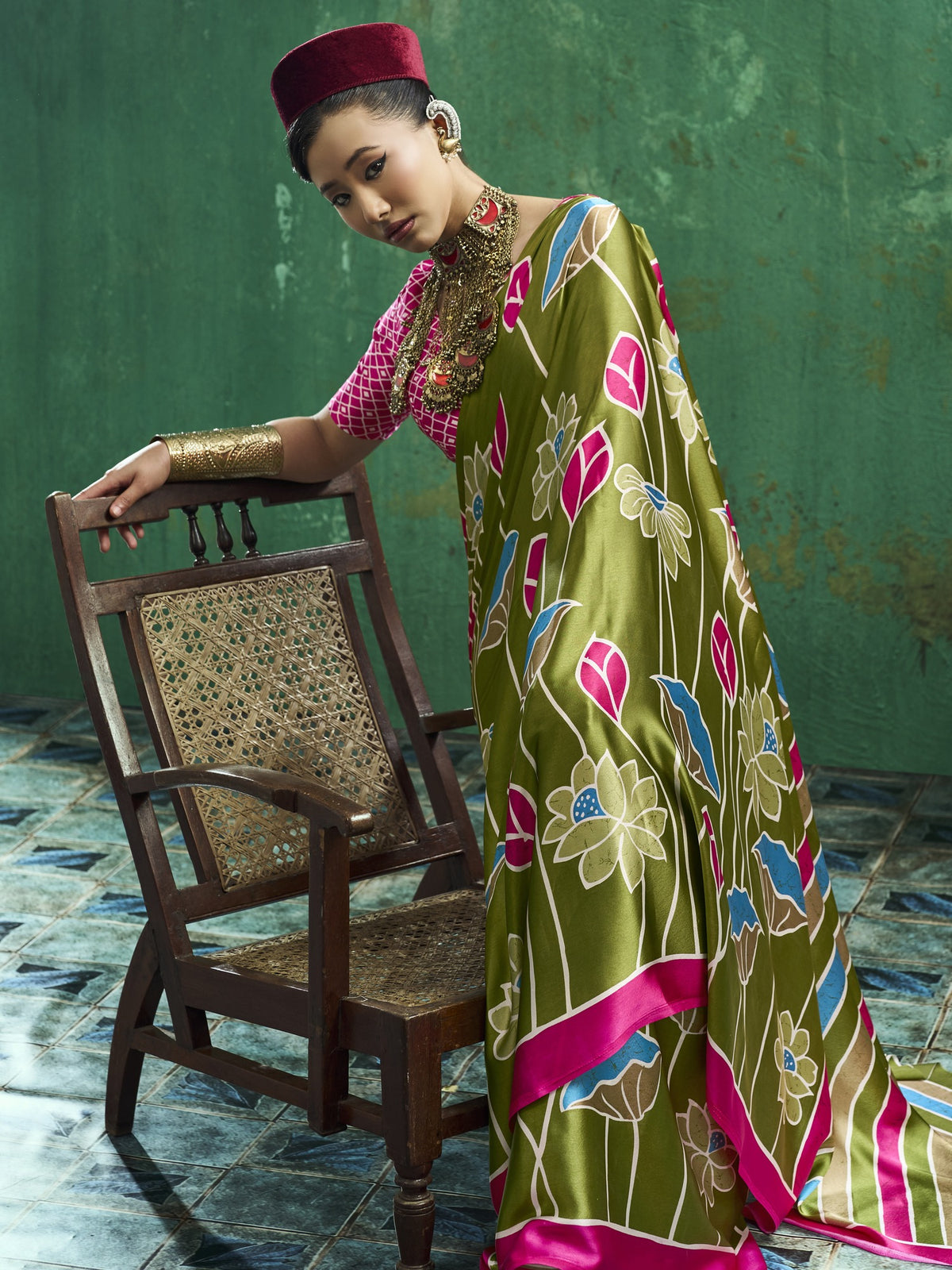 Light Green satin saree view 4