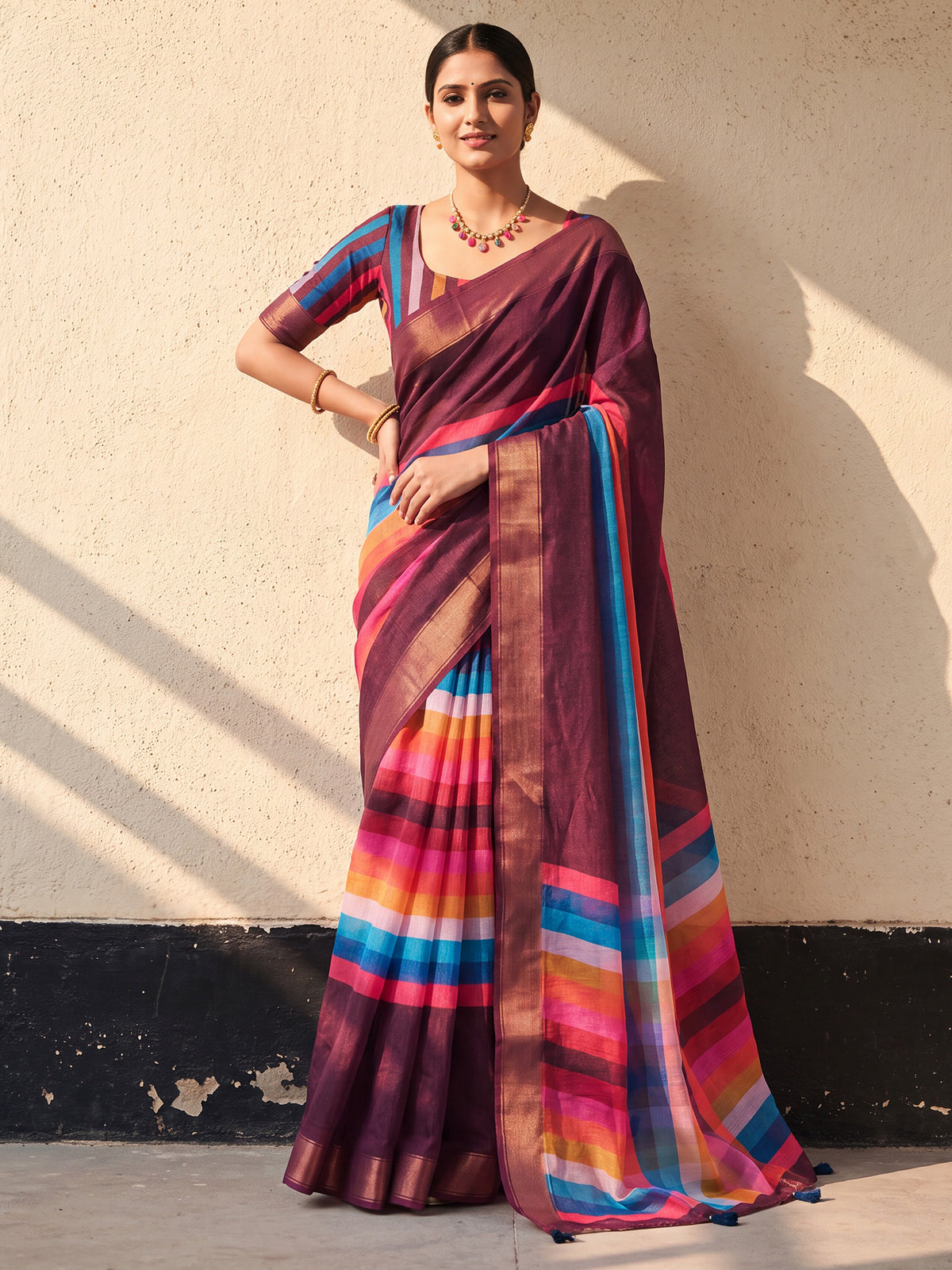 Woman wearing dark brown linen saree with colorblocked design and multicolored blouse