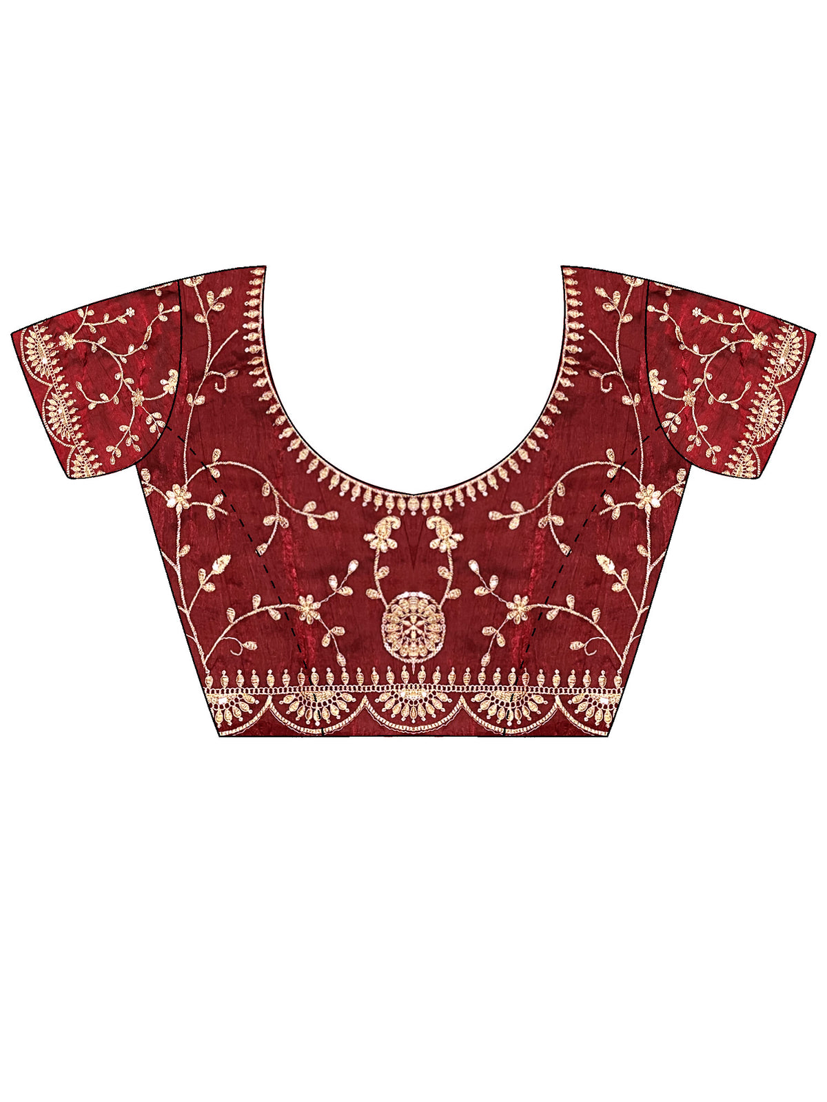 Unstitched maroon satin silk blouse piece with embellished design