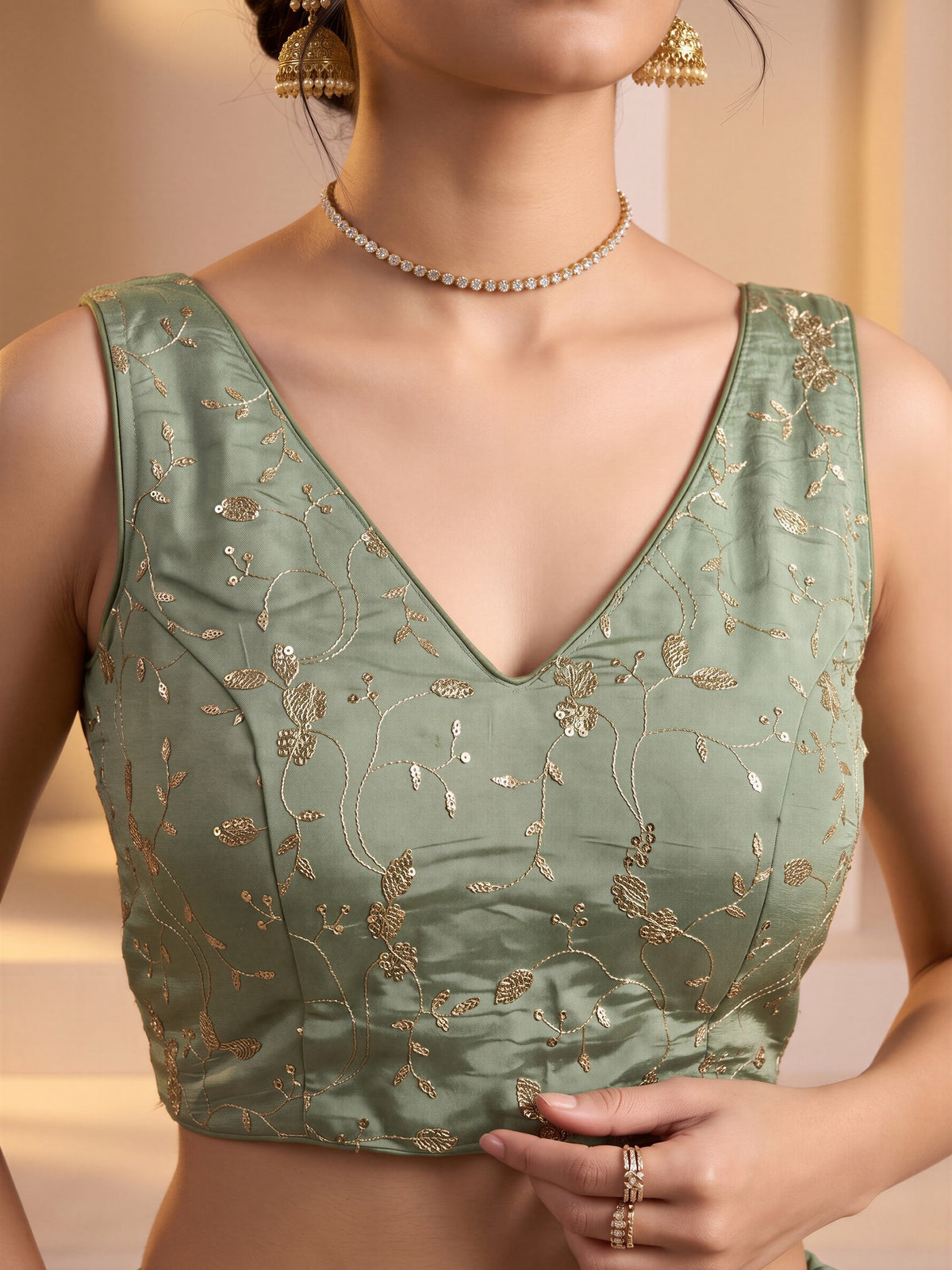 Sea Green sequin embroidered vichitra silk sleeveless readymade saree blouse with v neck view 3