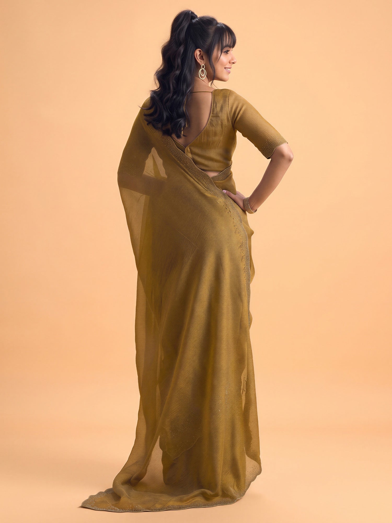 Gold Satin Silk saree – detail view 1