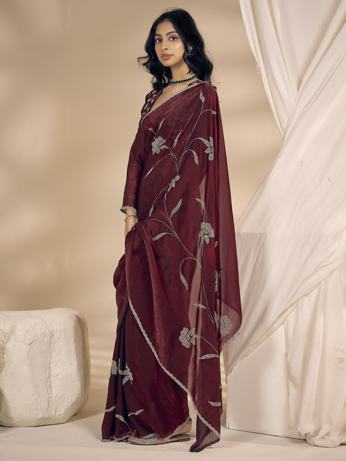 Maroon satin silk saree view 2