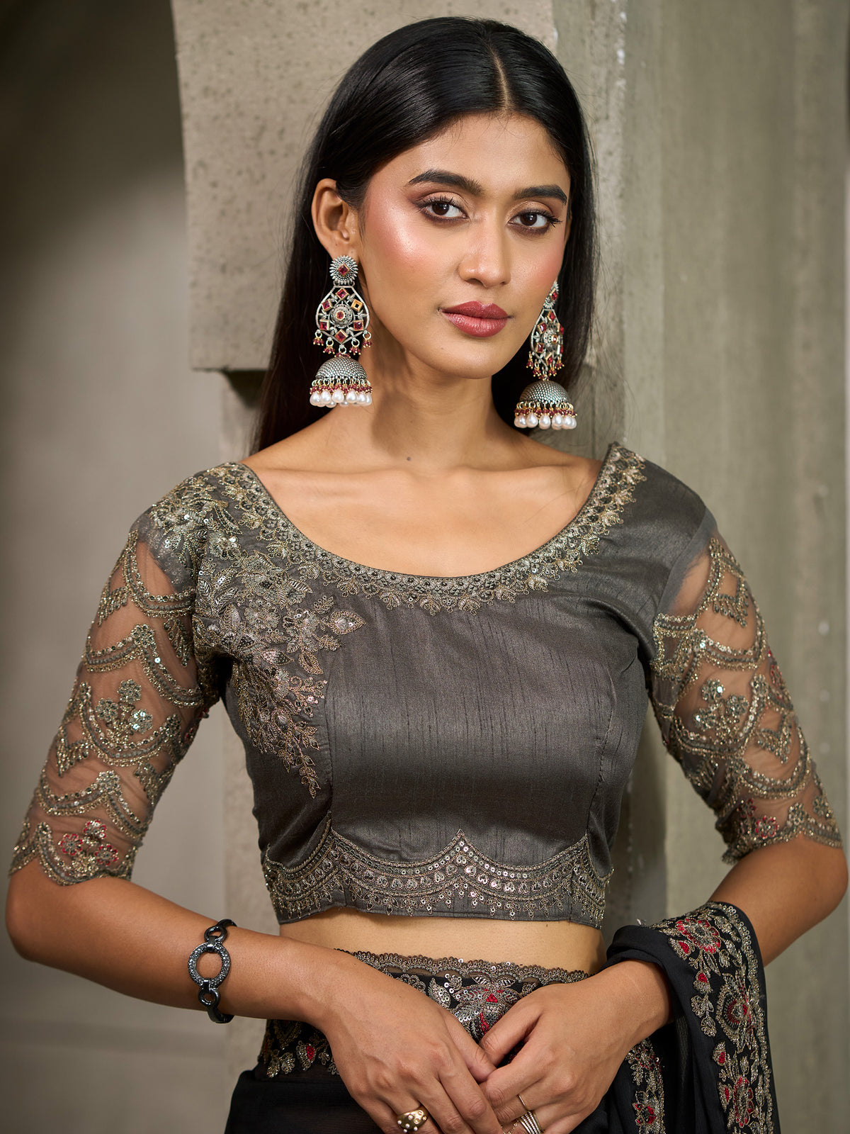 Unstitched charcoal grey banglori silk blouse piece with embellished design