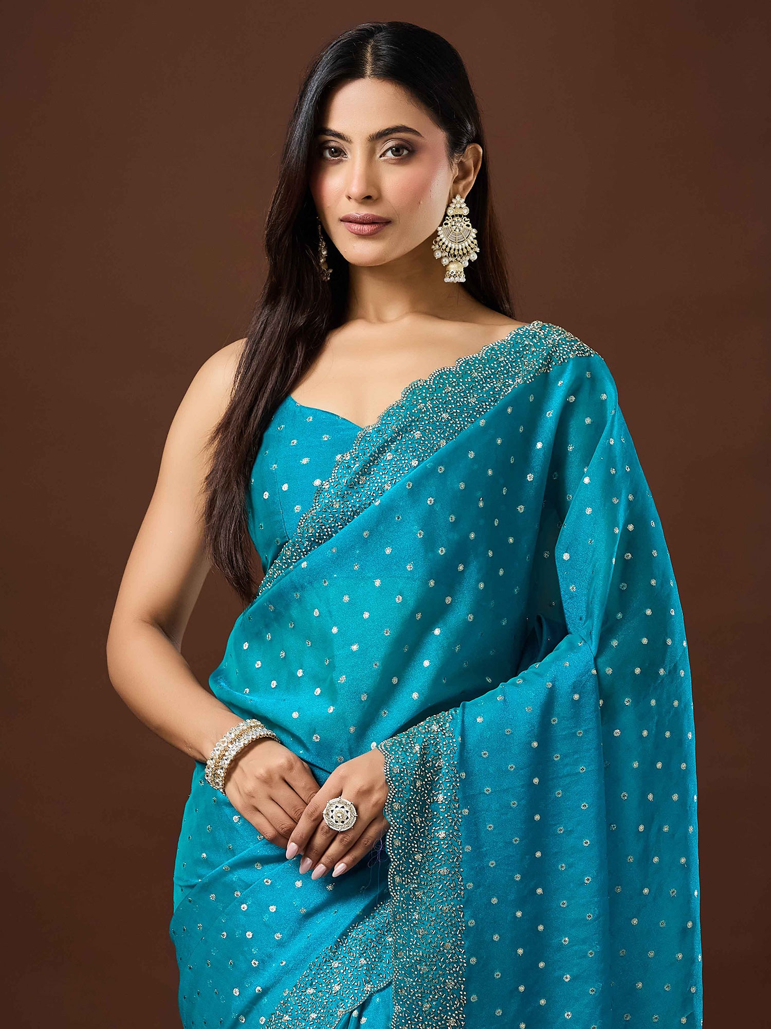 Turquoise Silk Blend saree – detail view 4