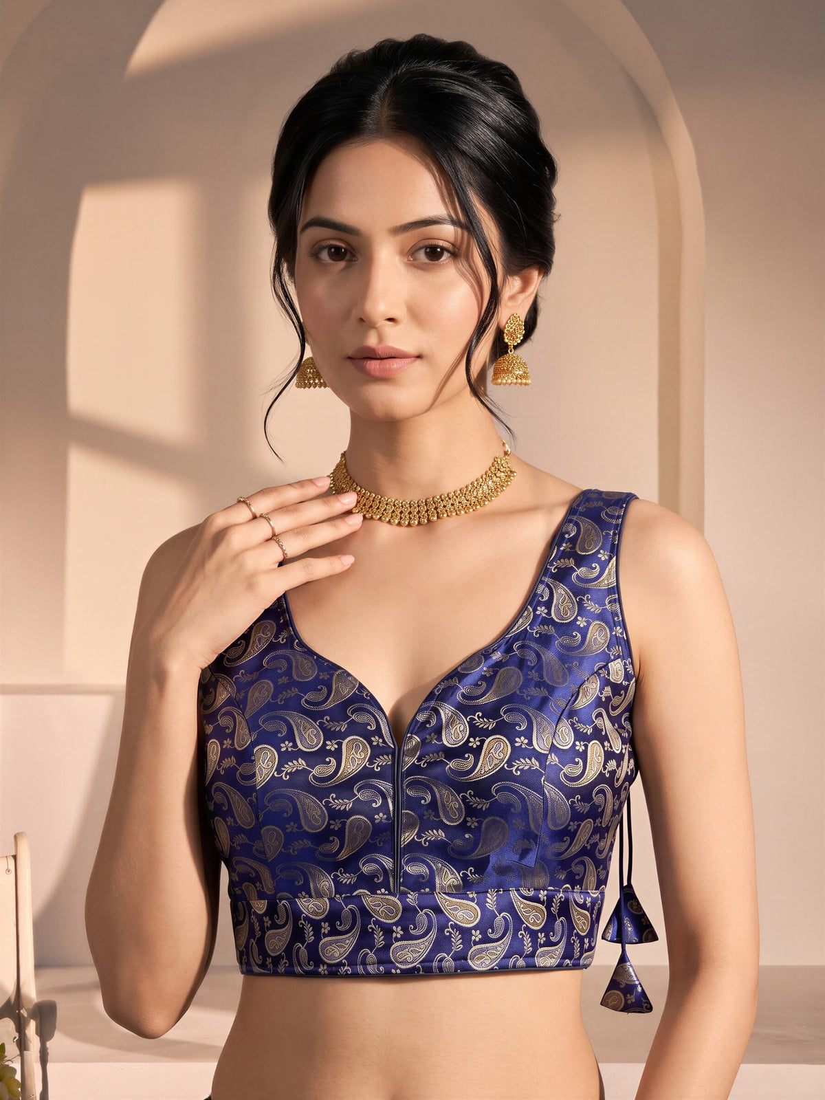 Navy Blue woven brocade silk blend sleeveless readymade saree blouse with v neck