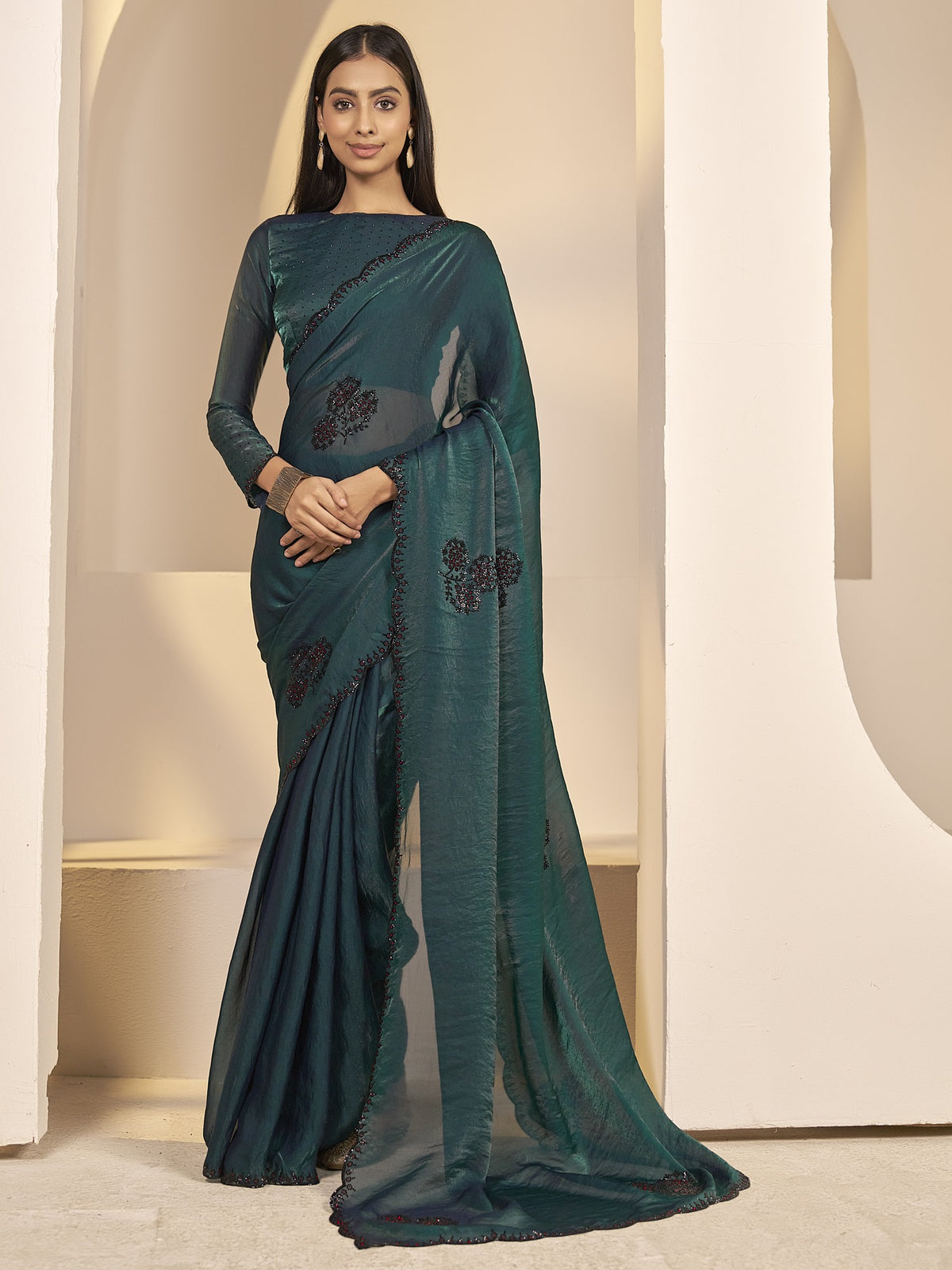 Teal Green embellished satin silk saree with teal green blouse piece