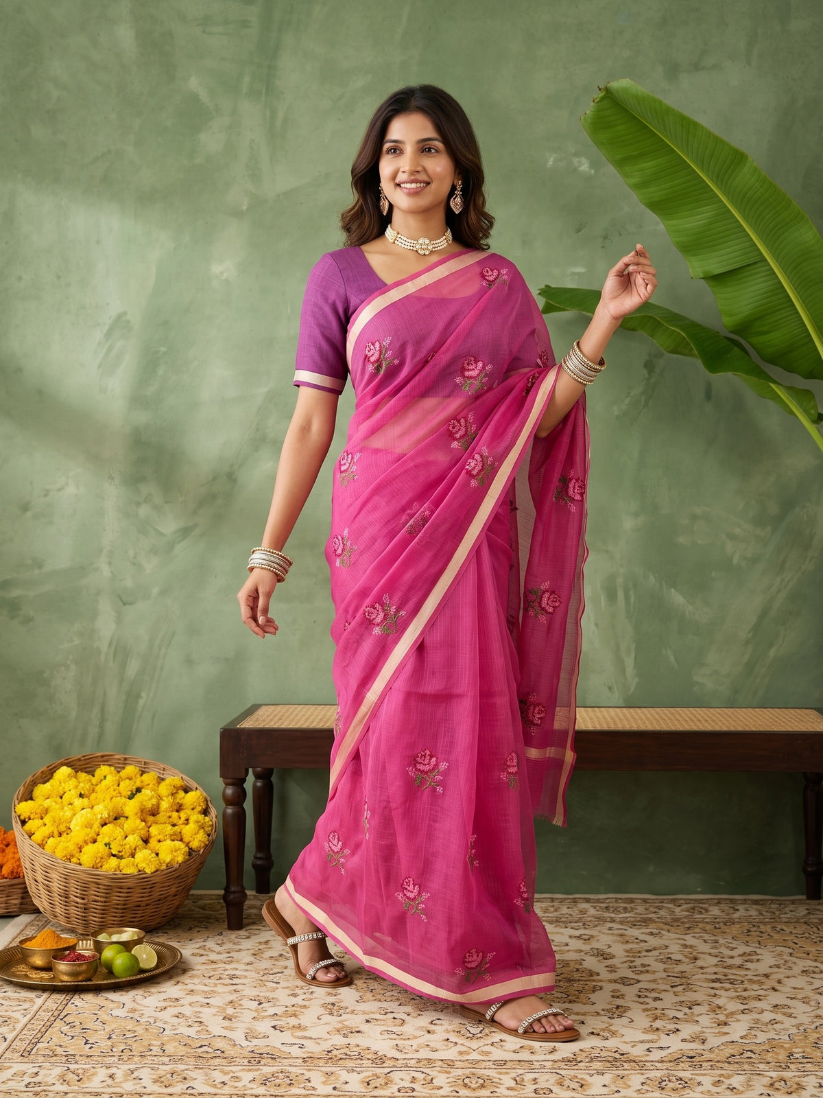 Magenta Kota Doria Cotton saree – detail view 3