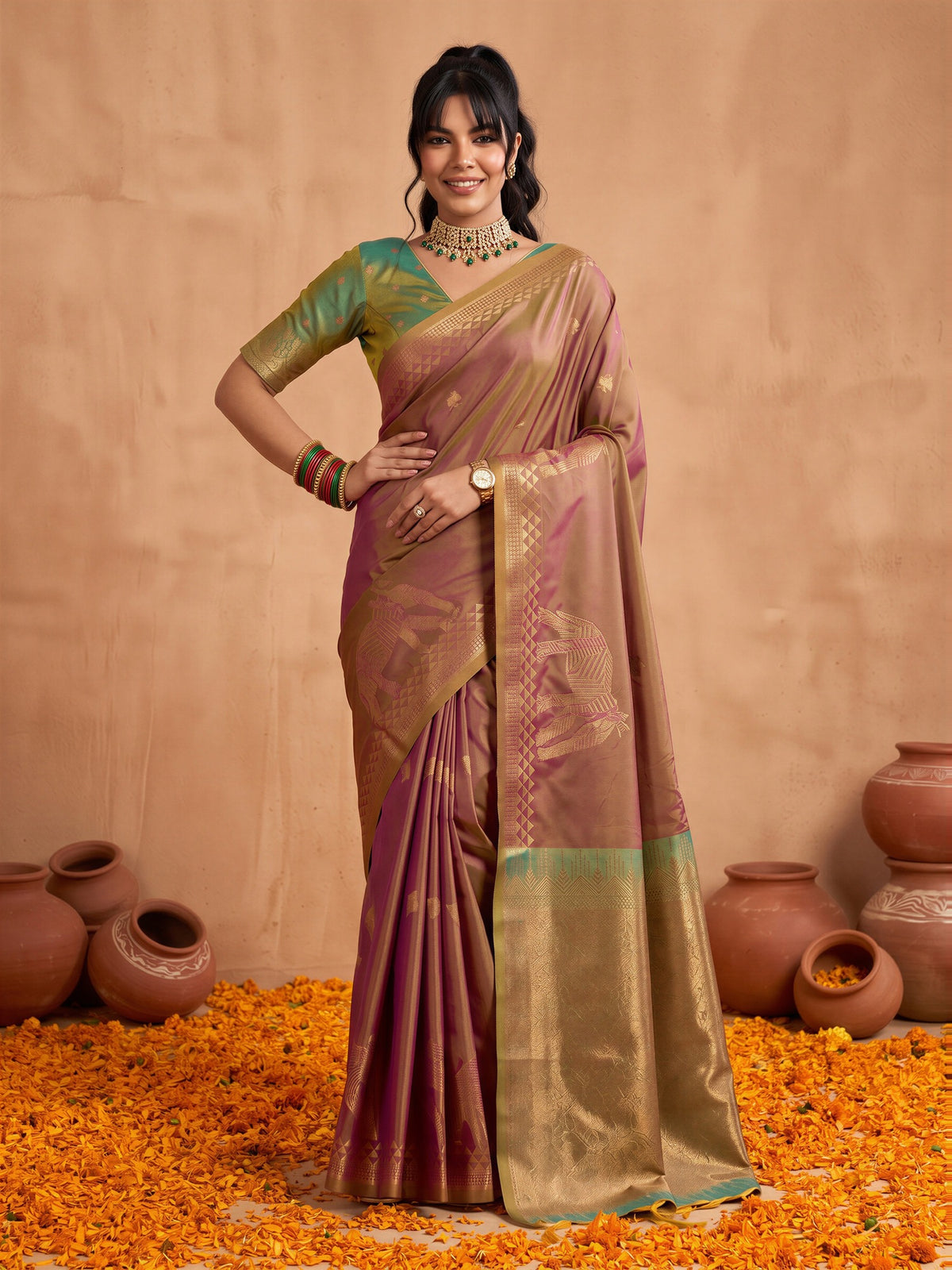 Woman wearing brown silk saree with animal-print design and light green blouse