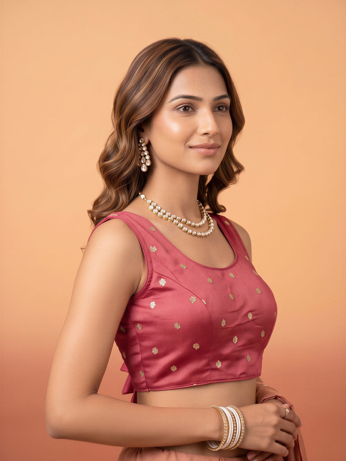 Pink sequin embellished chinnon sleeveless readymade saree blouse with round neck view 2