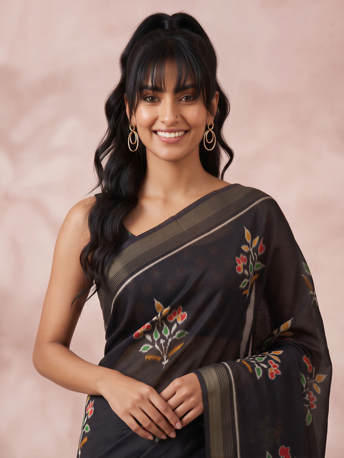 Black Cotton Linen saree – detail view 4