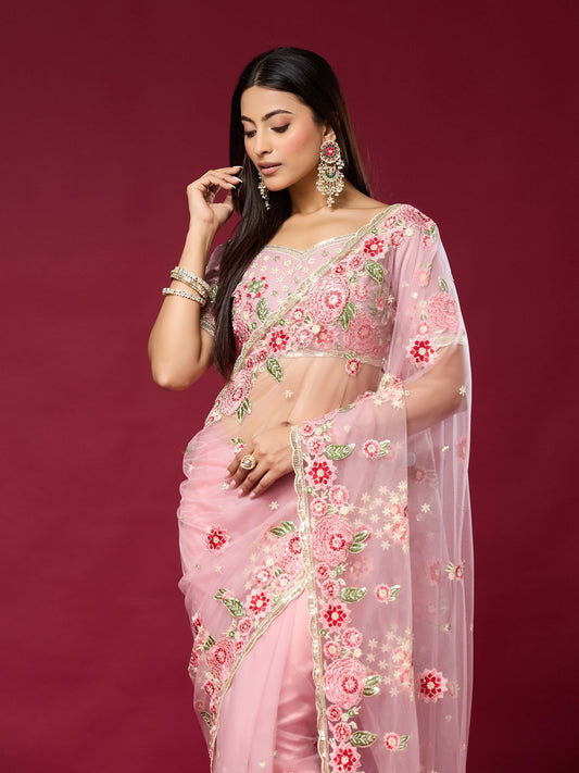 Pink Net saree – detail view 1
