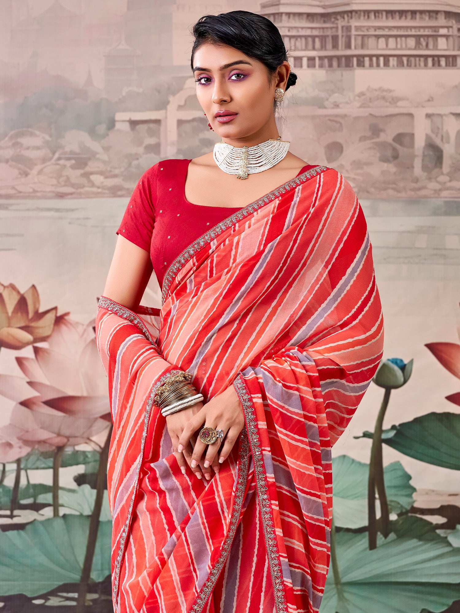 Peach Georgette saree – detail view 3