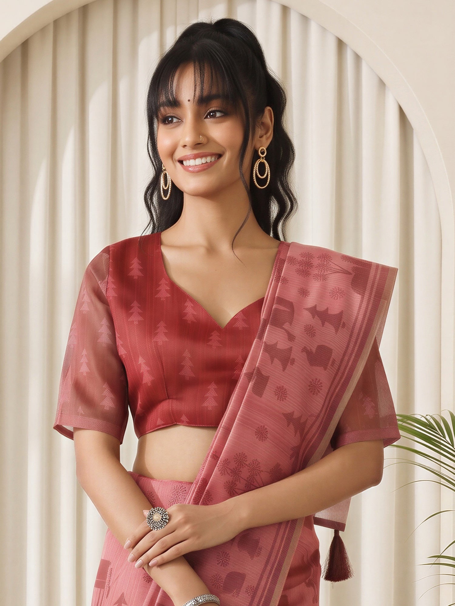Peach Cotton Linen saree – detail view 3