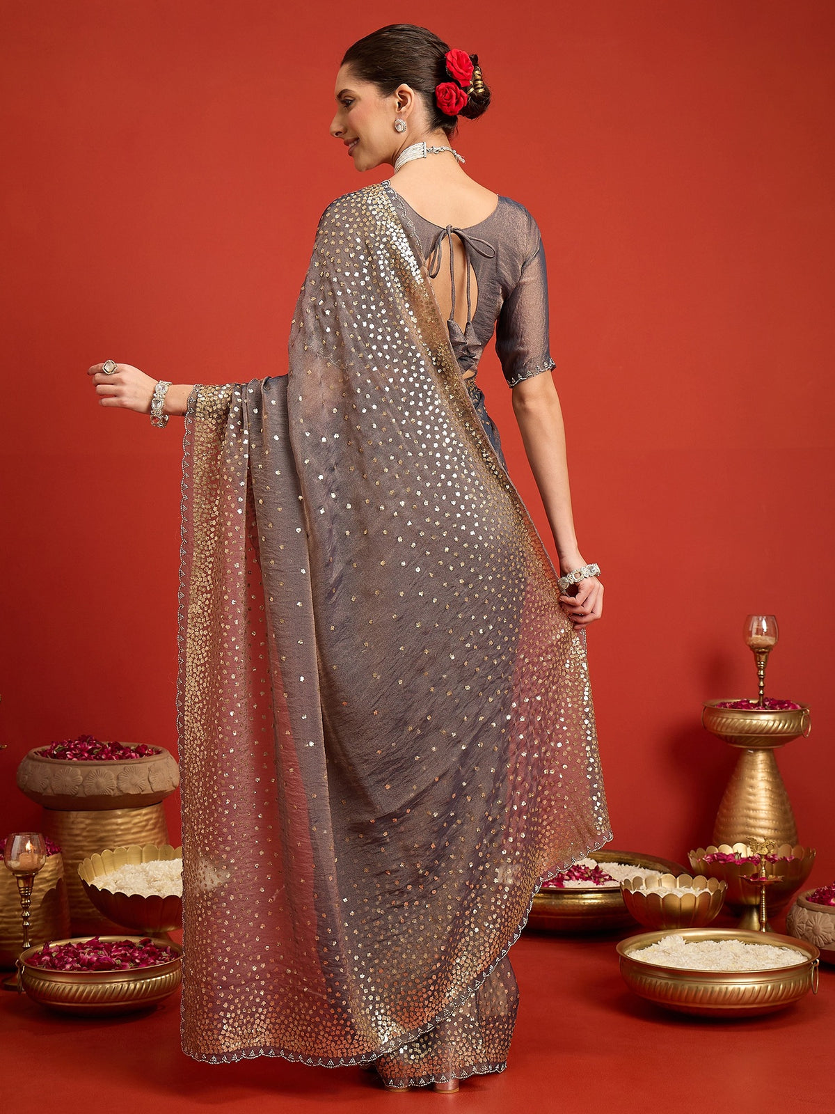 Charcoal Grey Organza saree – detail view 4