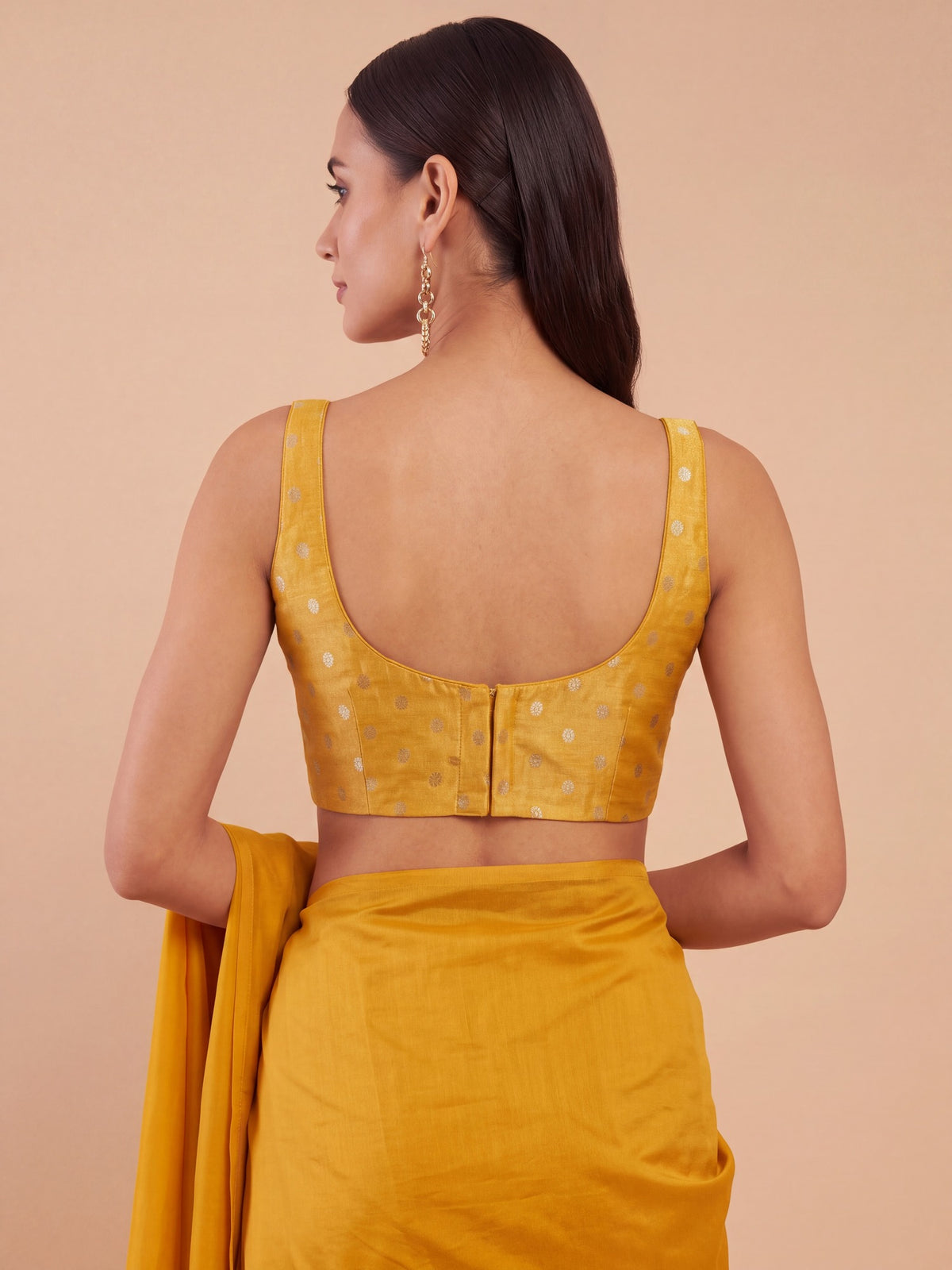 Yellow zari woven georgette sleeveless readymade saree blouse with round neck view 2
