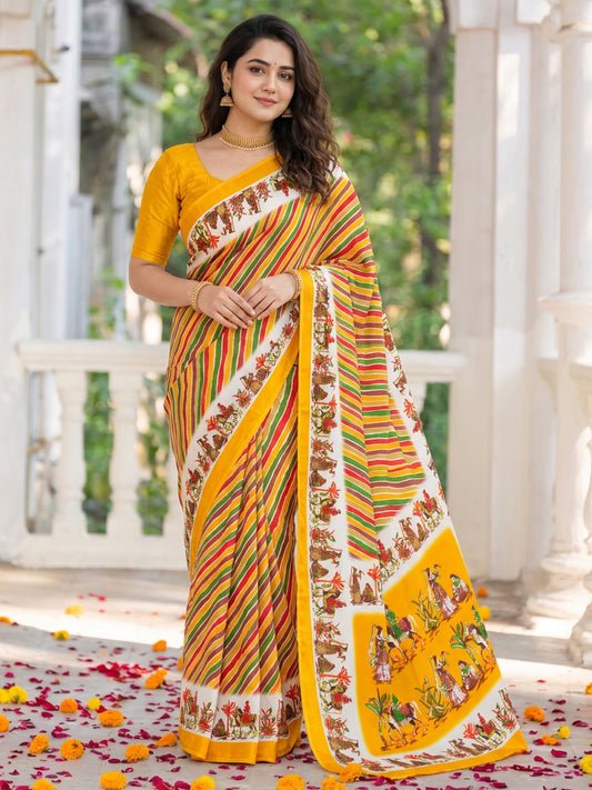 Yellow striped crepe saree with yellow blouse piece