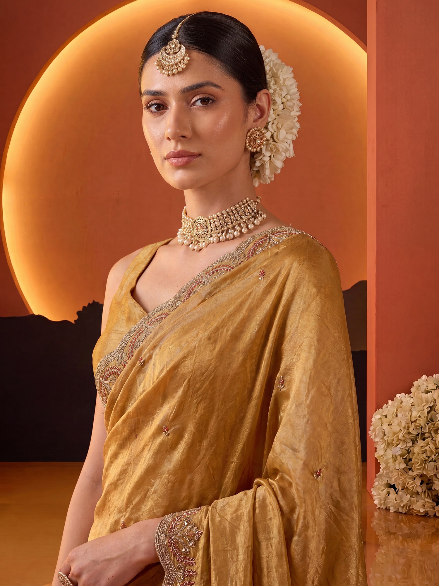 Mustard Satin saree – detail view 4