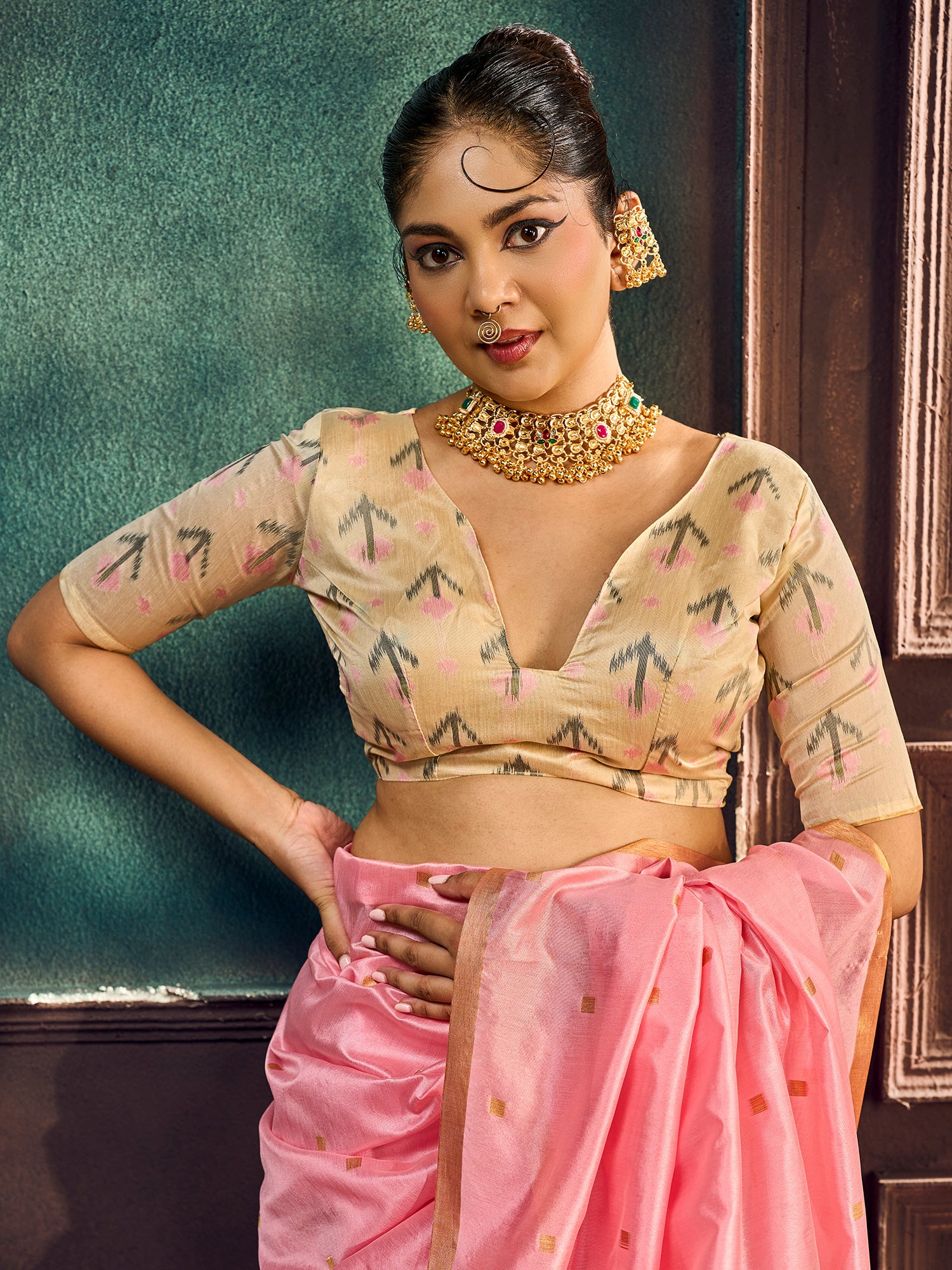 Unstitched pink cotton silk blouse piece with ethnic motif design