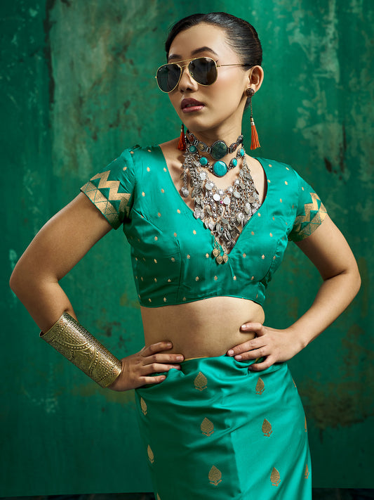 Unstitched teal green satin silk blouse piece with zari butta design