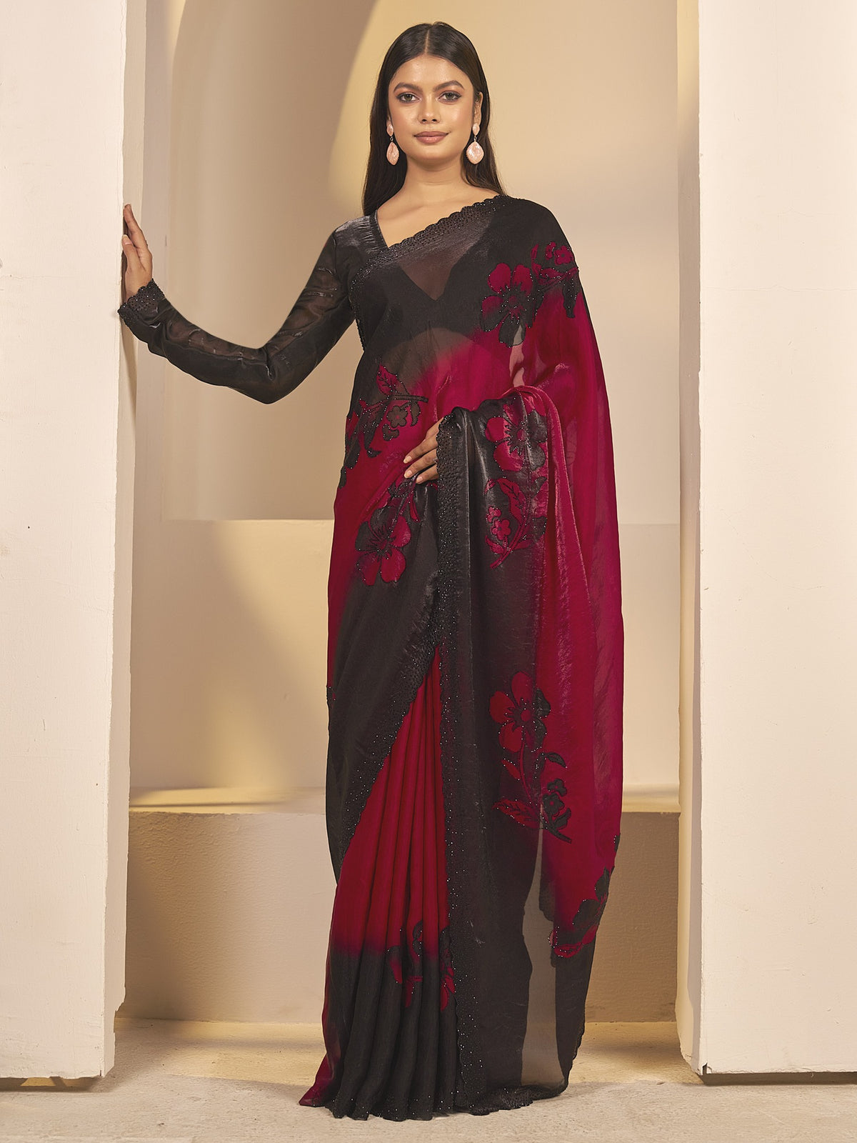 Red satin silk saree view 2