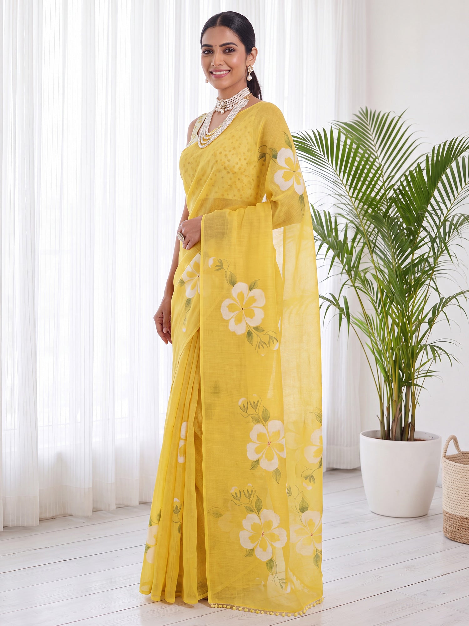 Yellow Cotton Linen saree – detail view 2