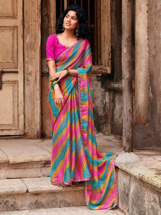 Pink leheriya georgette saree with pink blouse piece