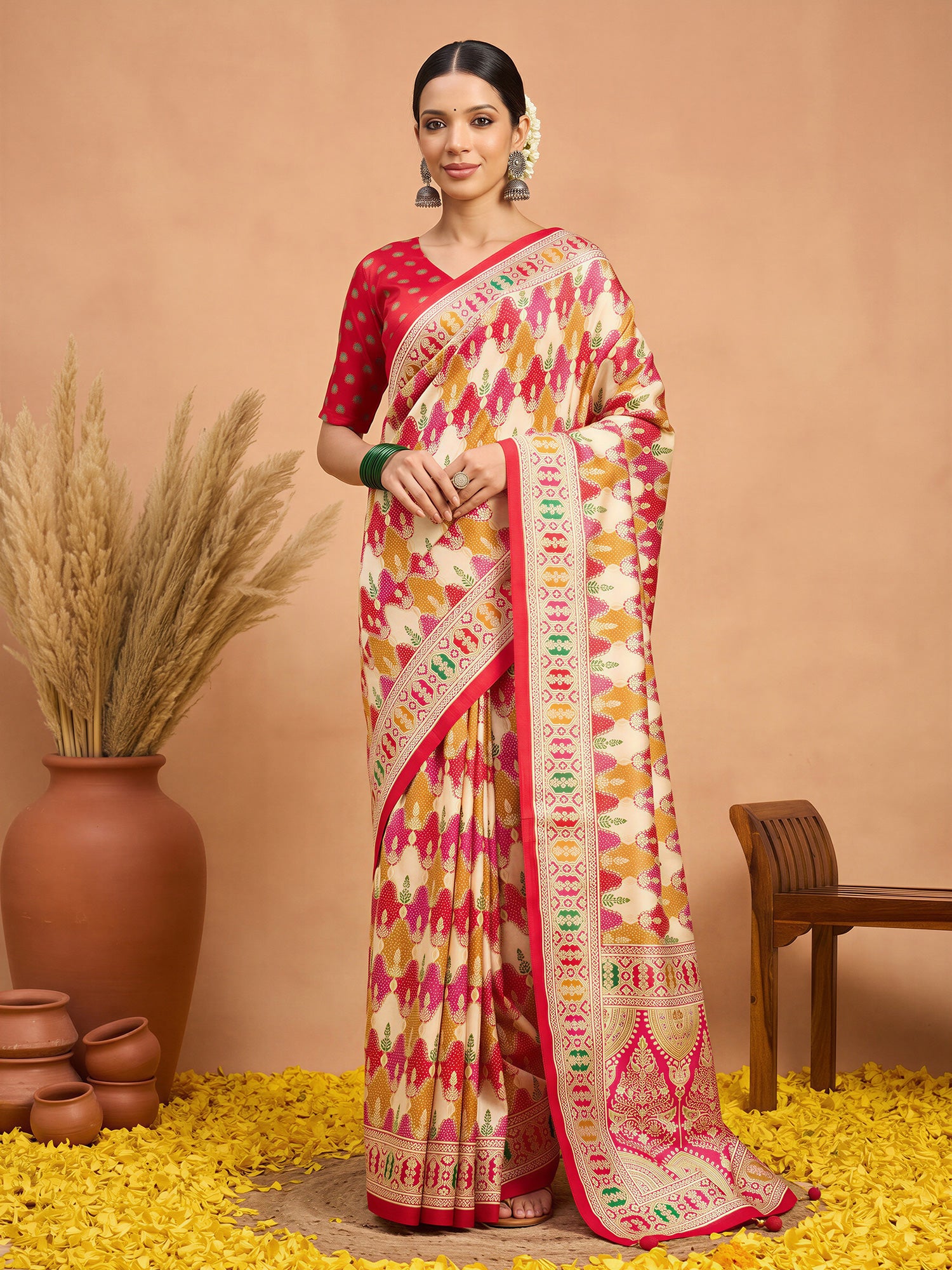 Woman wearing red silk blend saree with metallic foil print work and red blouse