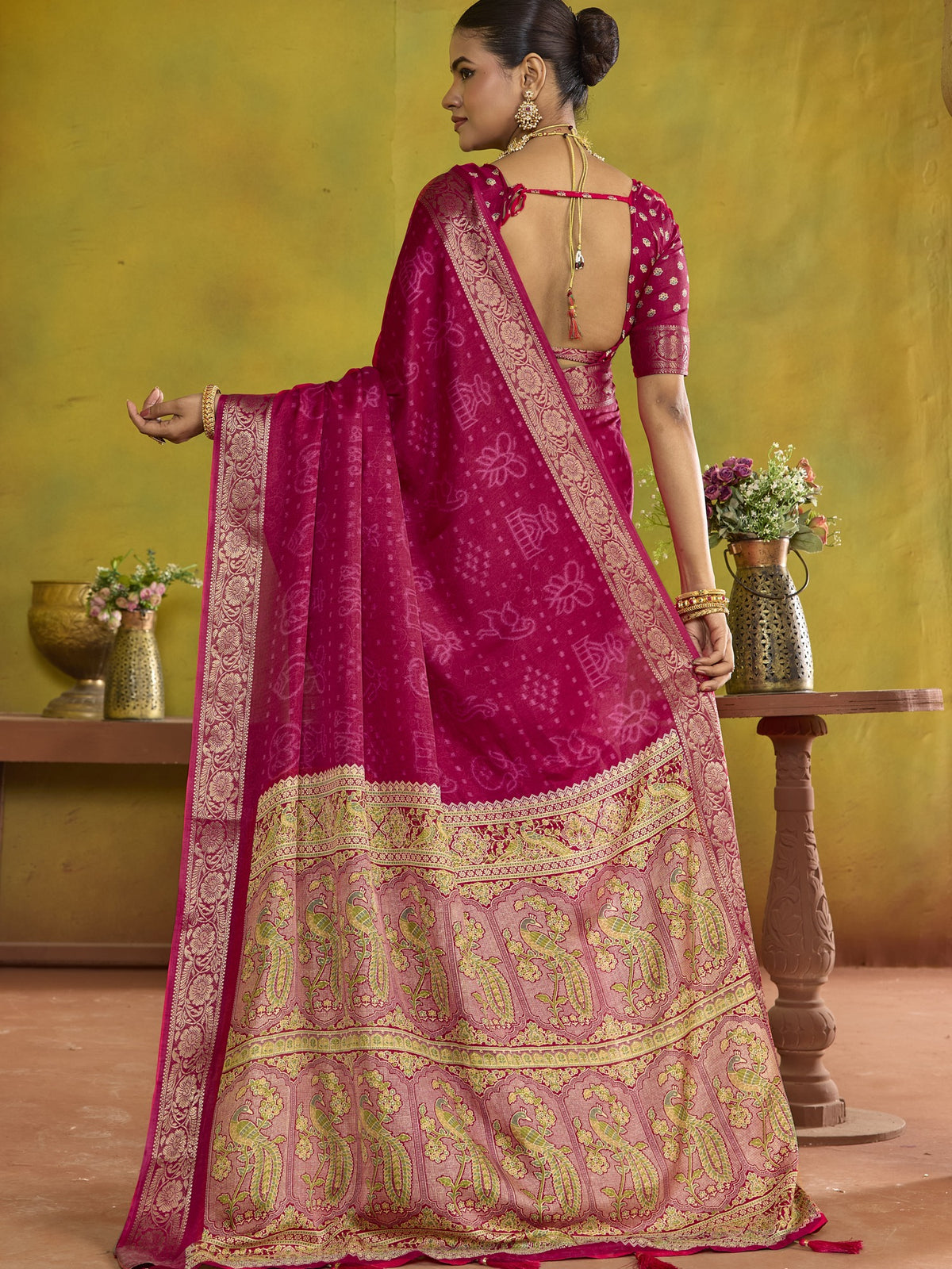 Pink tussar silk saree view 2