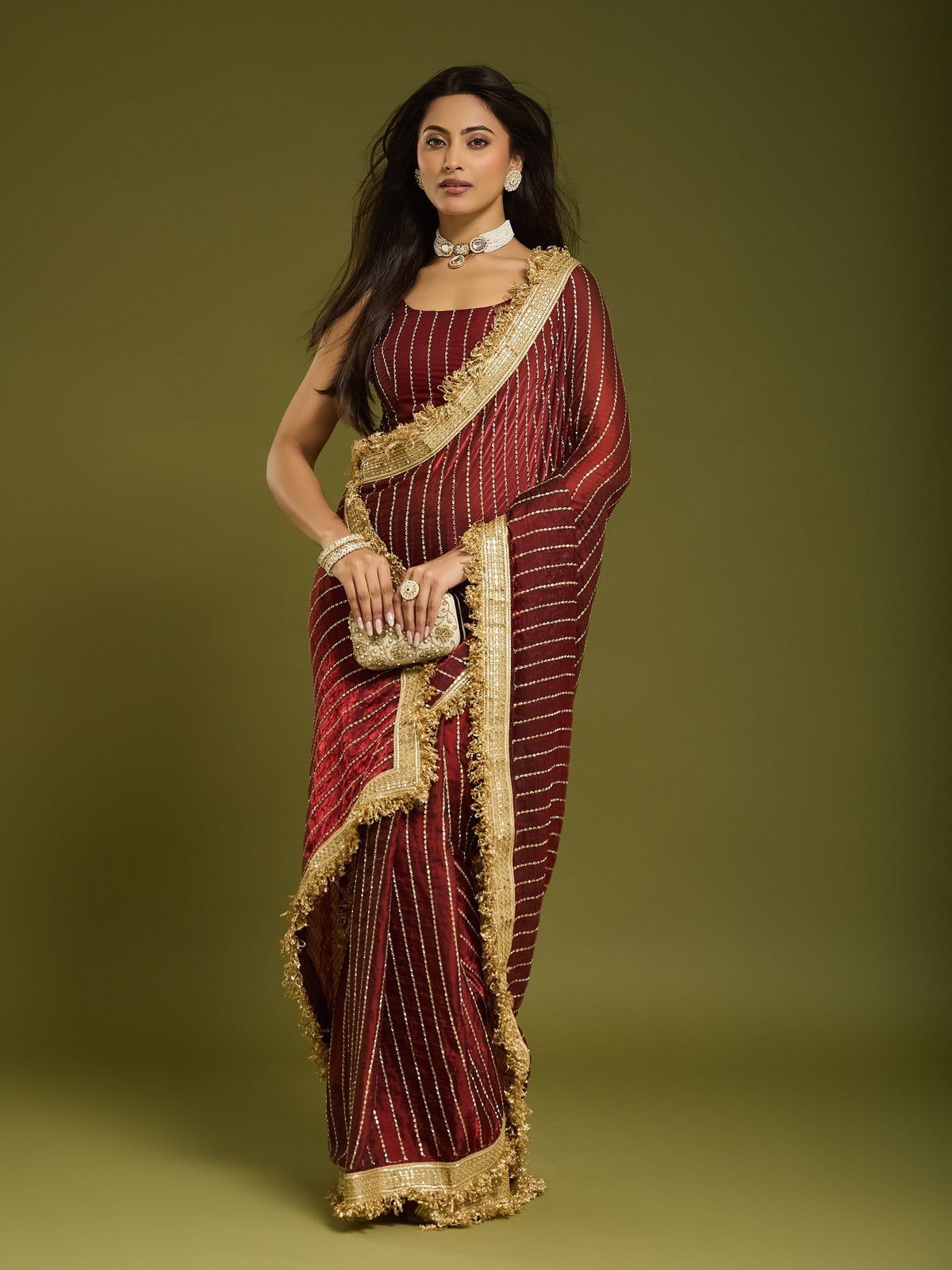Maroon Satin saree – detail view 4