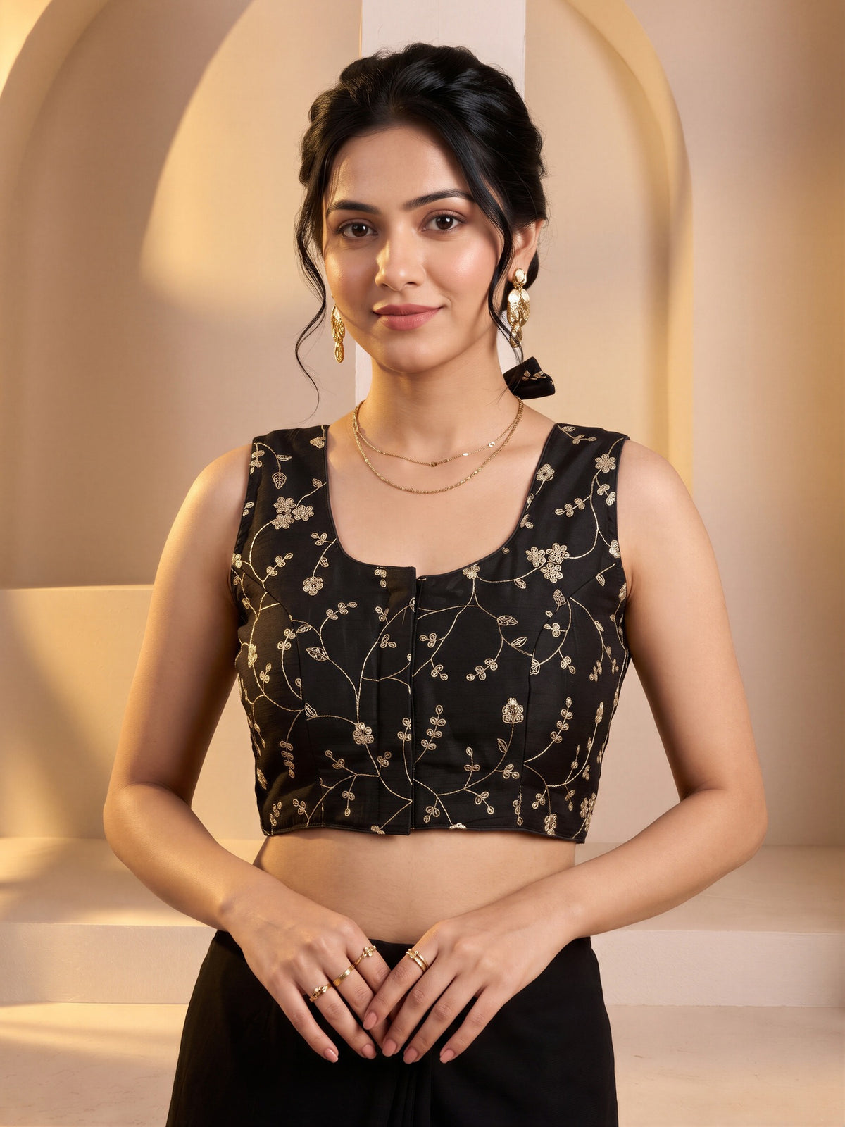 Black sequin embroidered vichitra silk sleeveless readymade saree blouse with round neck
