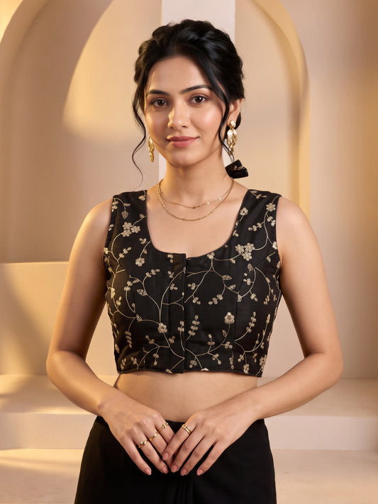 Black sequin embroidered vichitra silk sleeveless readymade saree blouse with round neck