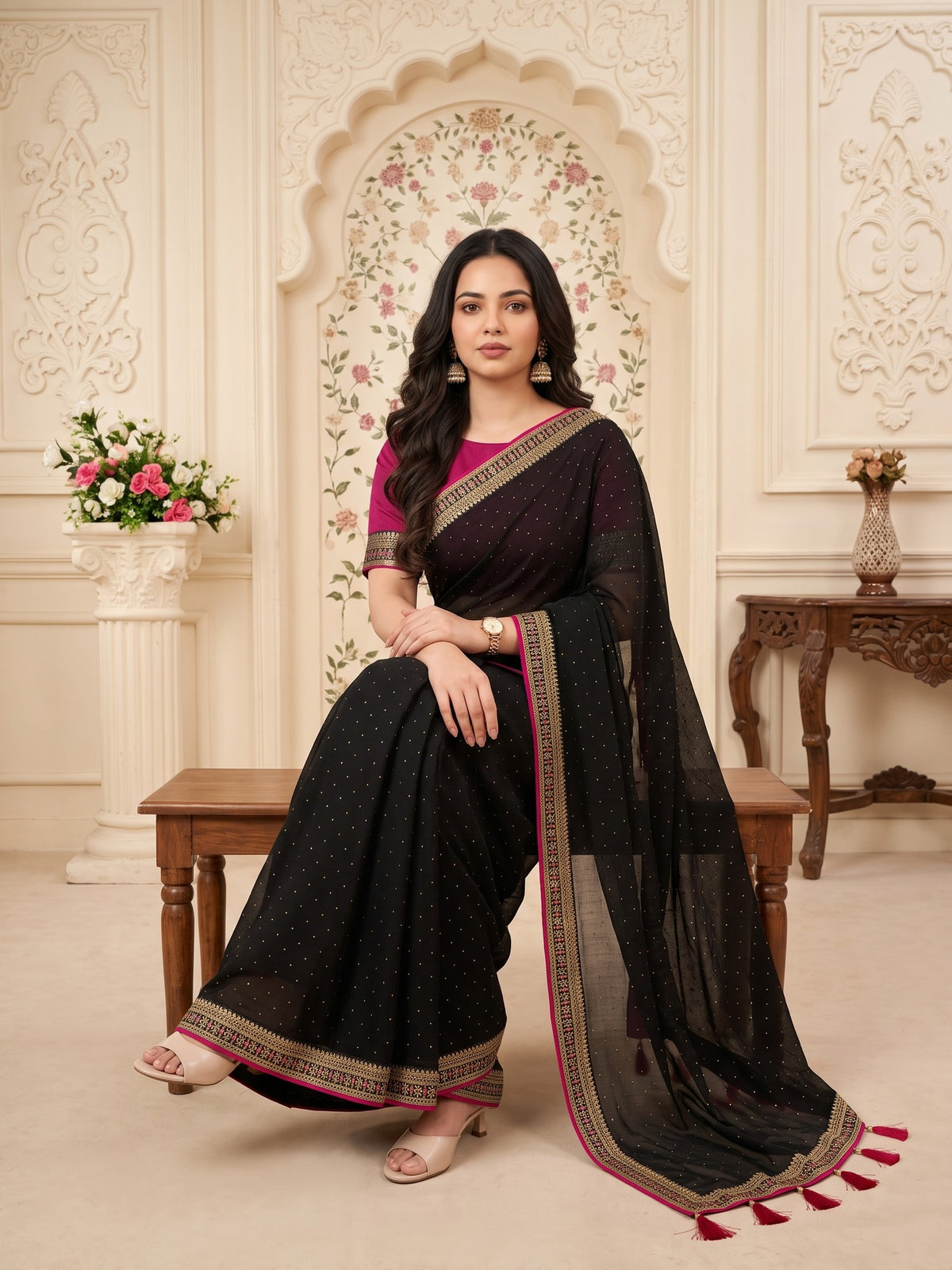Black Vichitra Silk saree – detail view 4